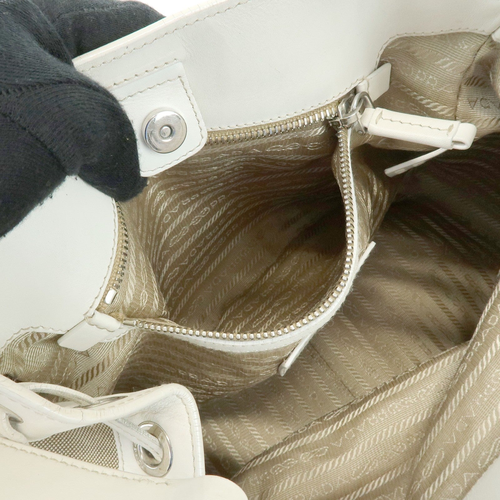 Prada Triangle Logo Shoulder Bag - Beige Ivory, Nylon Jacquard Leather
