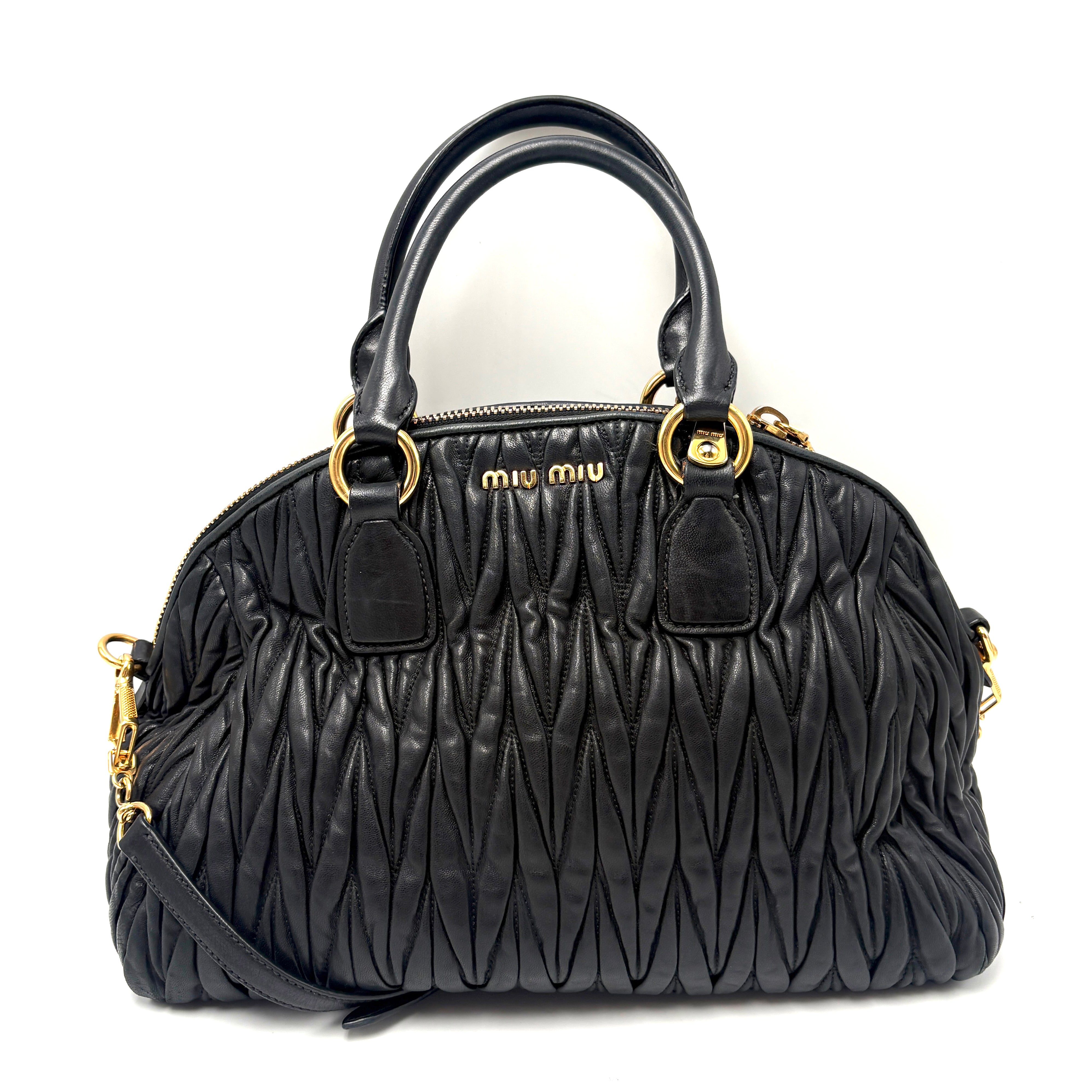 Miu Miu Matelassé Lambskin Leather Double Handle Handbag Black