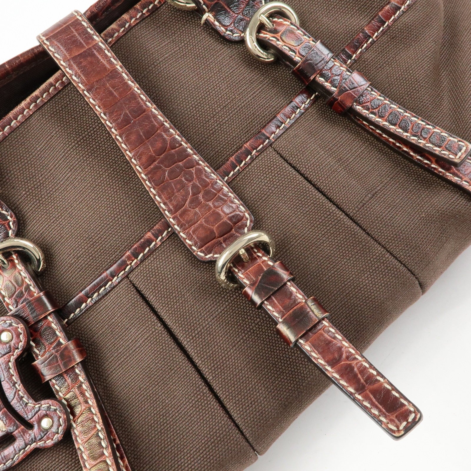 Celine Logo Canvas Tote Bag - Brown, Embossed Leather