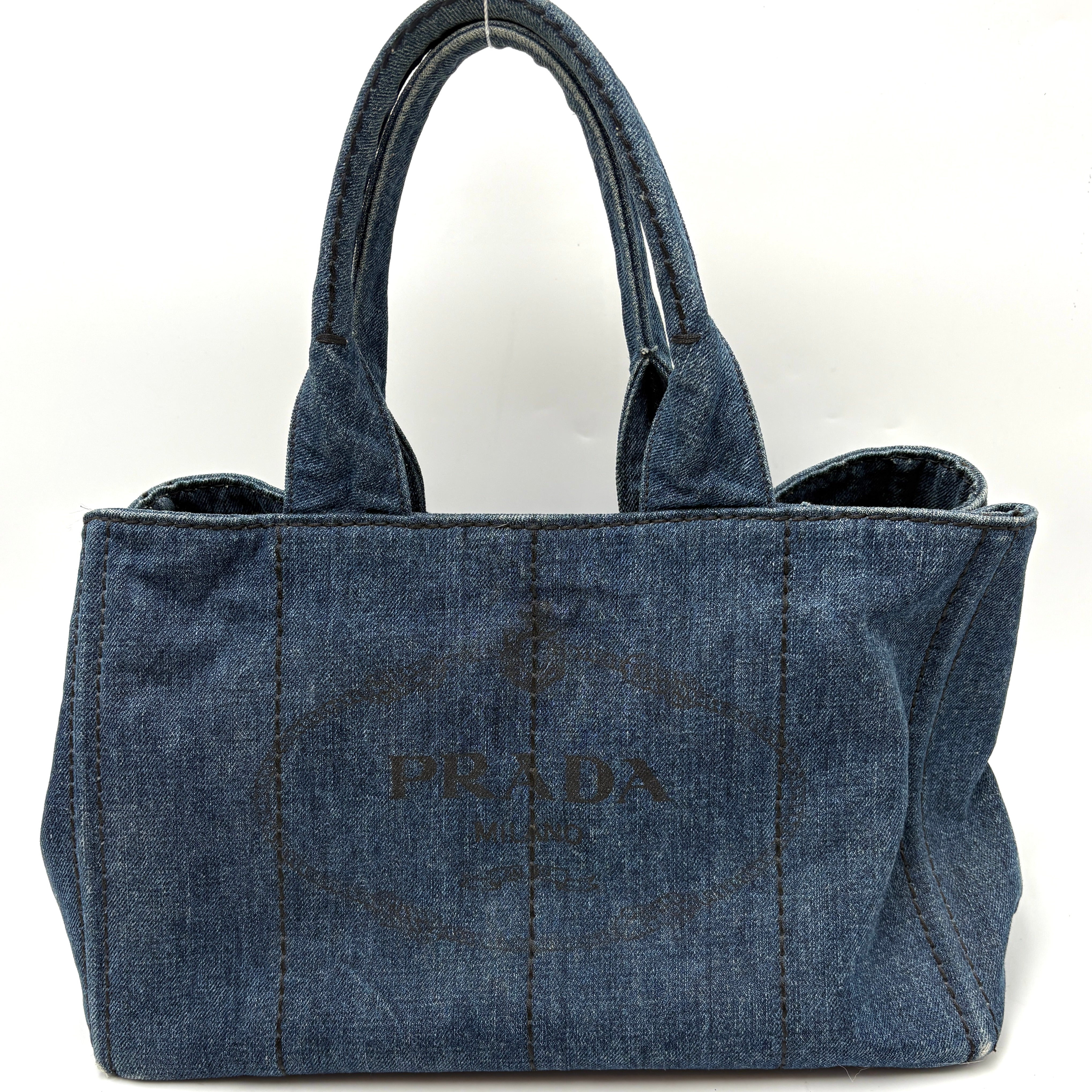 PRADA CANAPA LARGE CANVAS TOTE BAG HAND BAG DENIM BLUE