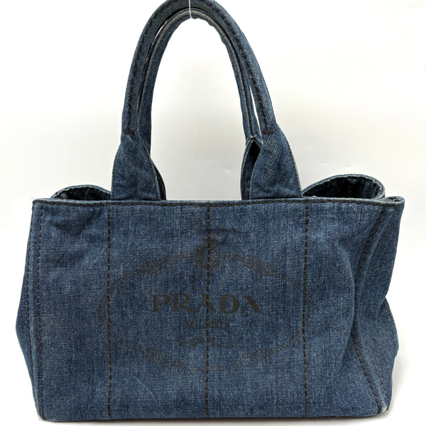 PRADA CANAPA LARGE CANVAS TOTE BAG HAND BAG DENIM BLUE