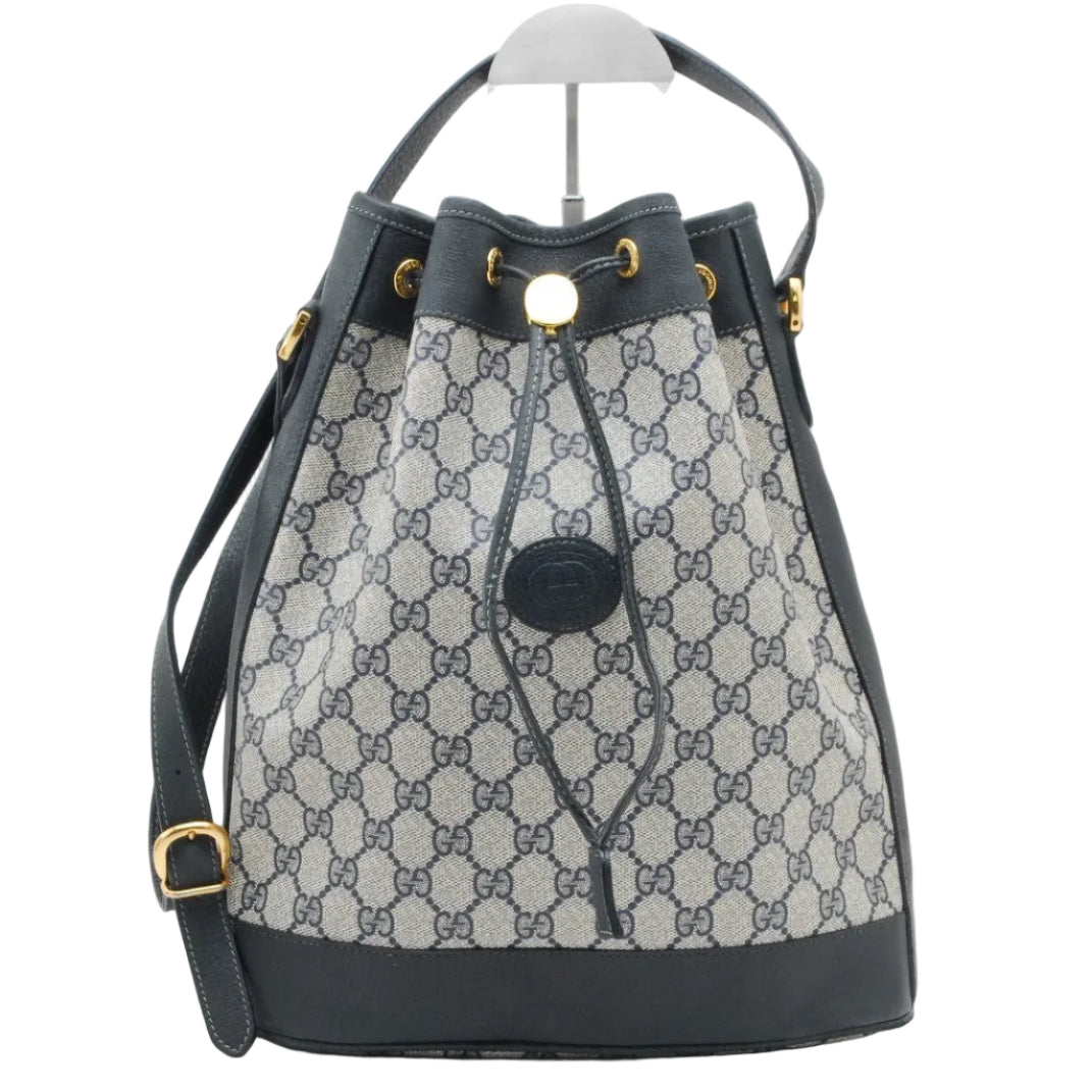 Gucci GG Supreme Drawstring Bucket Shoulder Bag - Navy Blue, Canvas and Leather