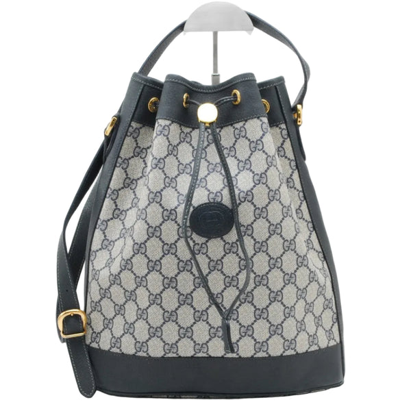 Gucci GG Supreme Drawstring Bucket Shoulder Bag - Navy Blue, Canvas and Leather