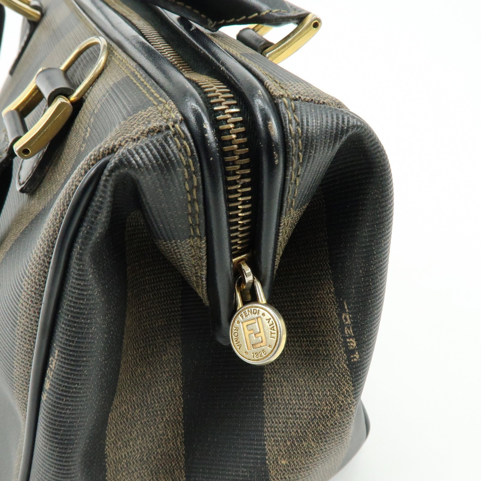 Fendi Pequin Boston Hand Bag - Black, Brown, PVC, Leather