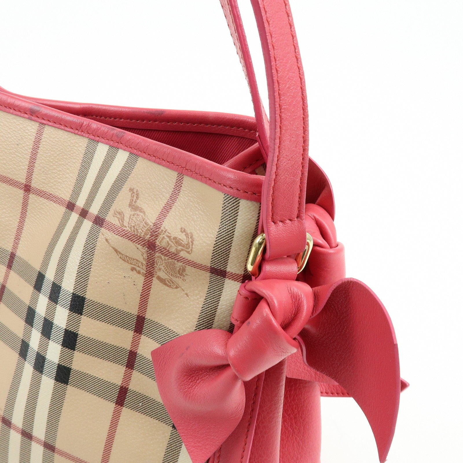 Burberry Side Ribbon Hand Bag - Nova Plaid Brown Pink, PVC Coating Canvas, Leather