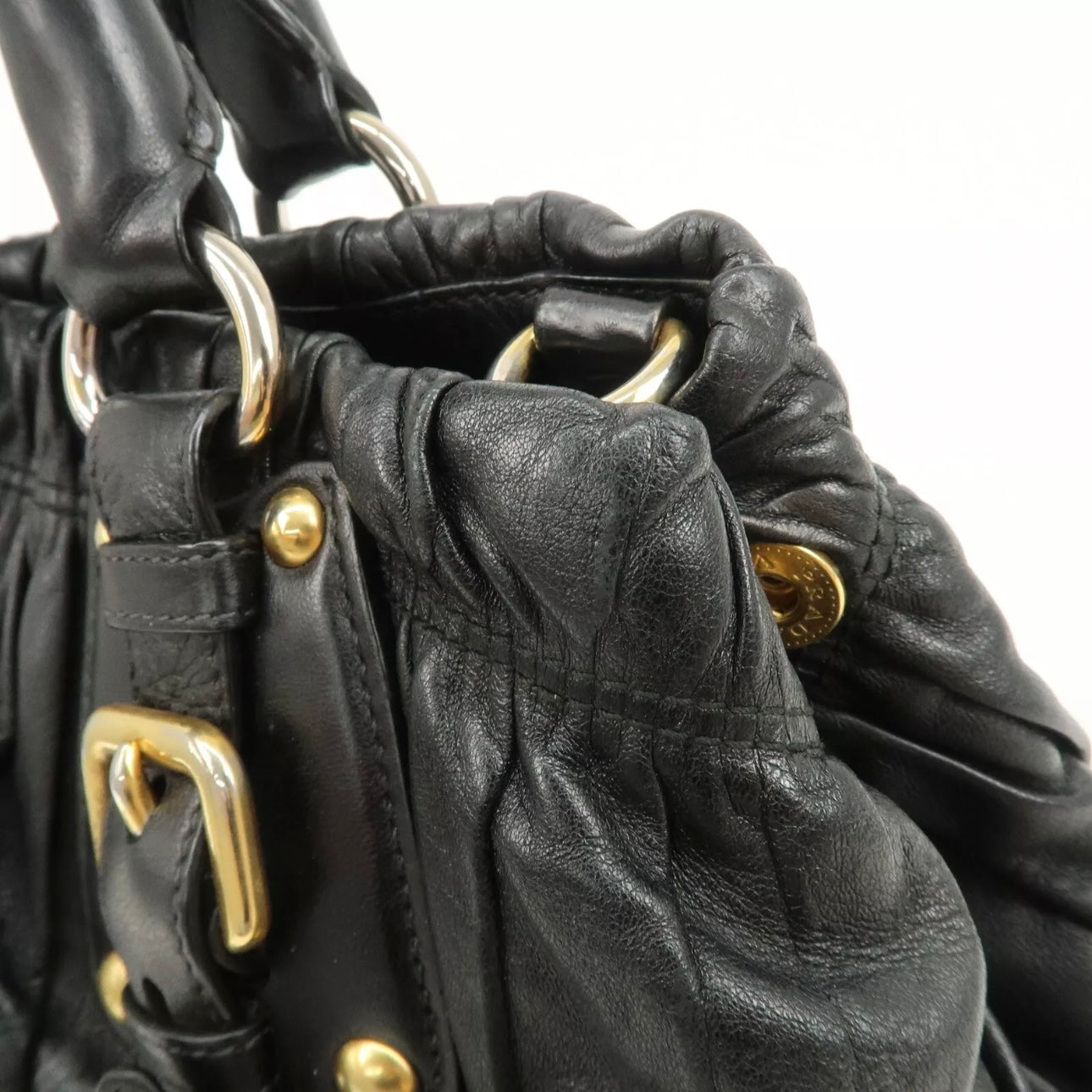 PRADA Leather Gathered 2Way Shoulder Bag Black