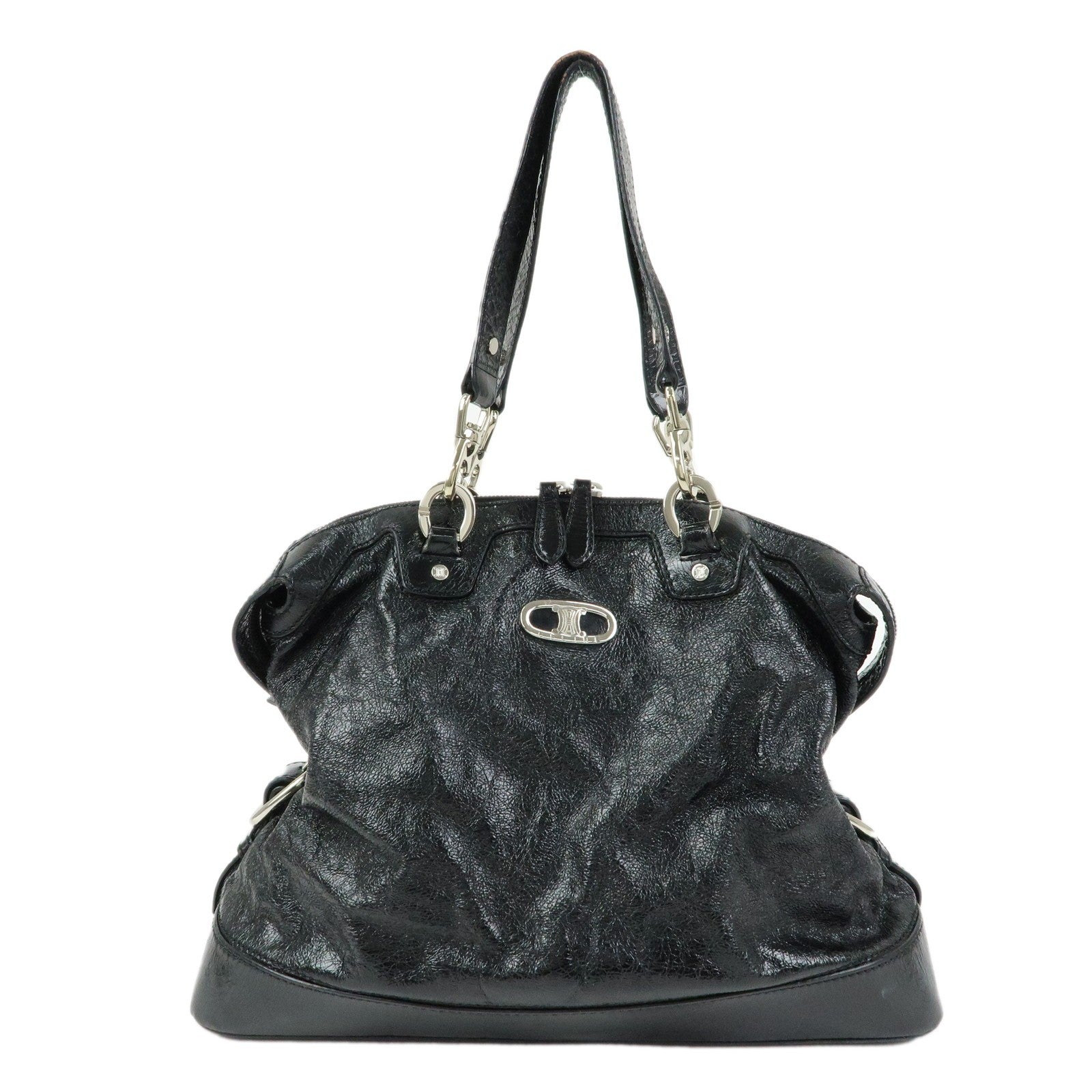 Celine Macadam Stamped Boston Hand Bag - Black, Patent Leather