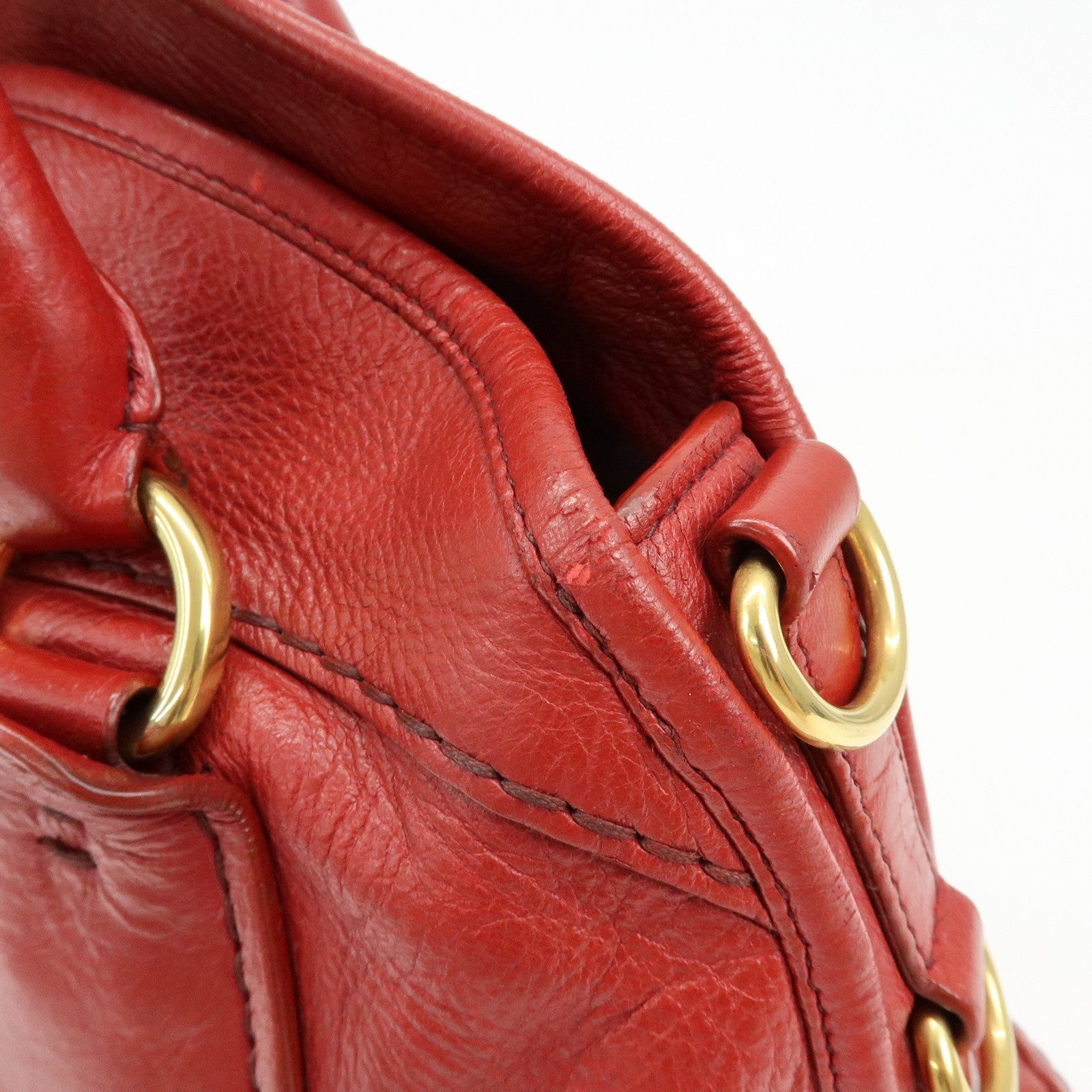 Prada Cervo Shine Leather Bowler Bag 2Way Tote Bag - Red, Leather