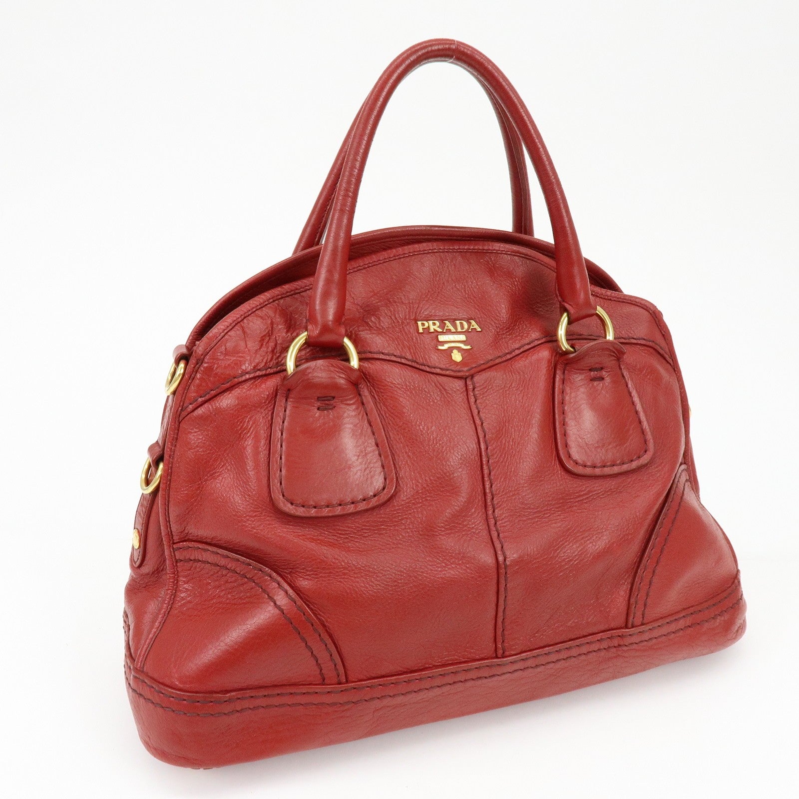 Prada Cervo Shine Leather Bowler Bag 2Way Tote Bag - Red, Leather