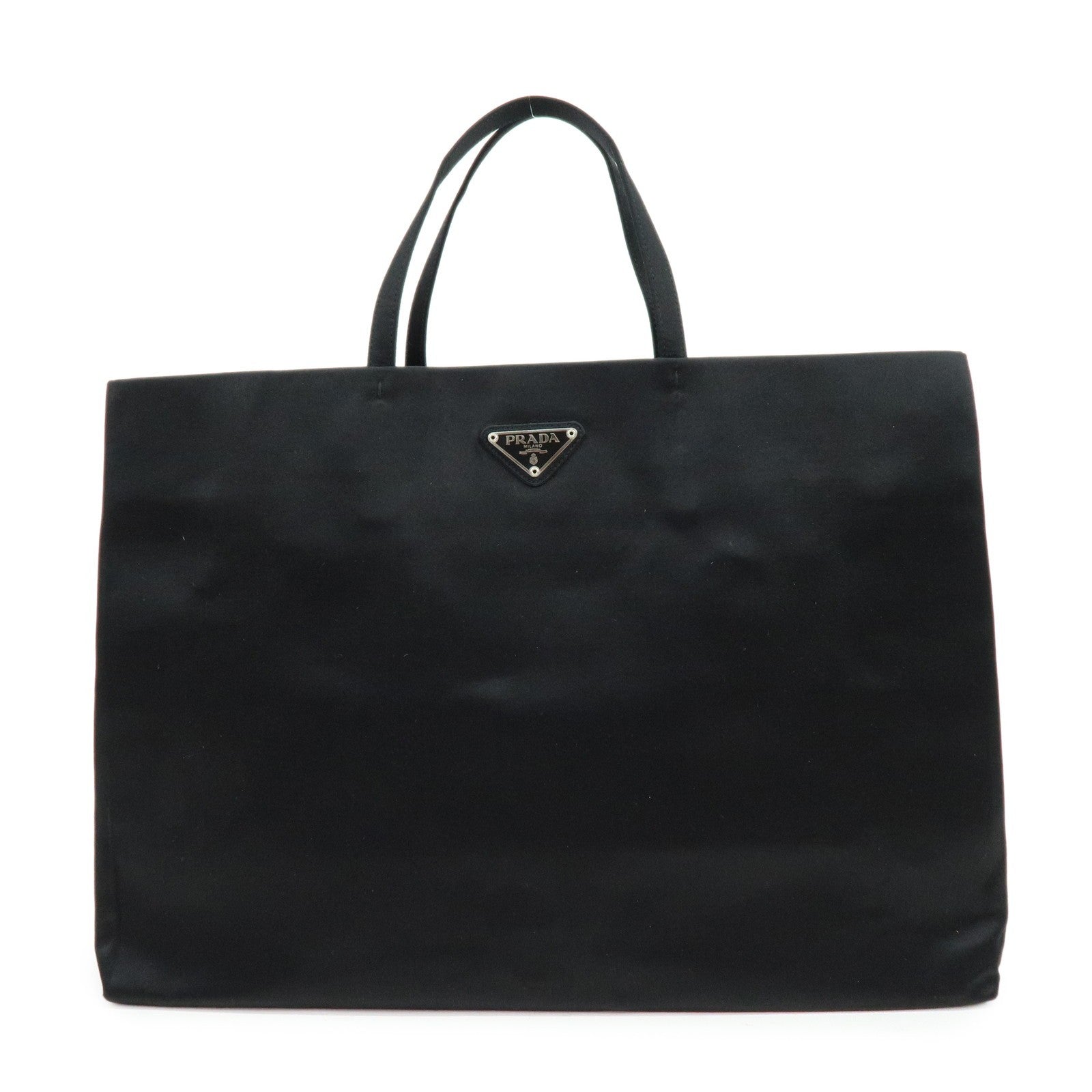 Prada Triangle Logo Tote Hand Bag - Black, Satin