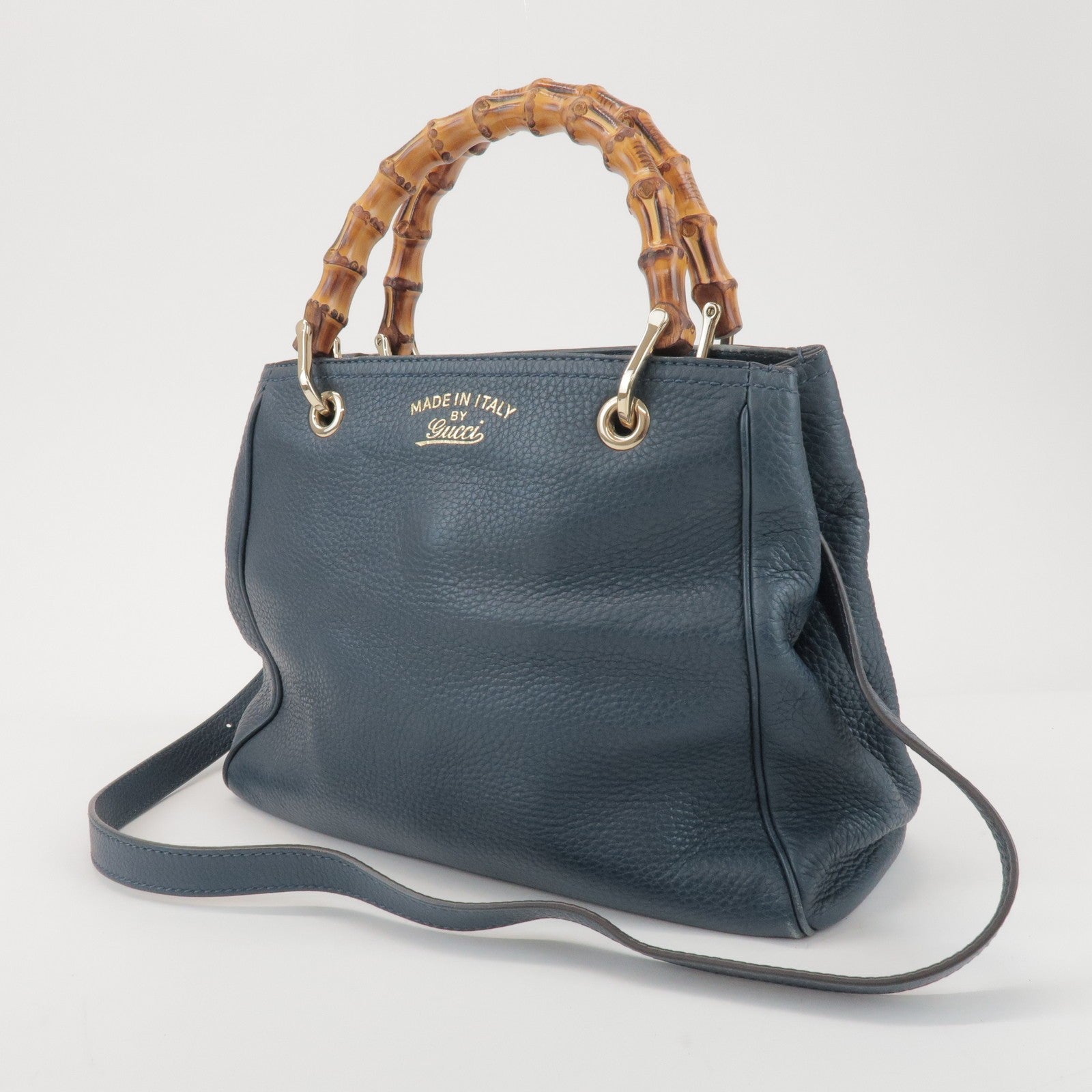 GUCCI Bamboo Calf Leather 2 Way Bag Tote Bag Navy