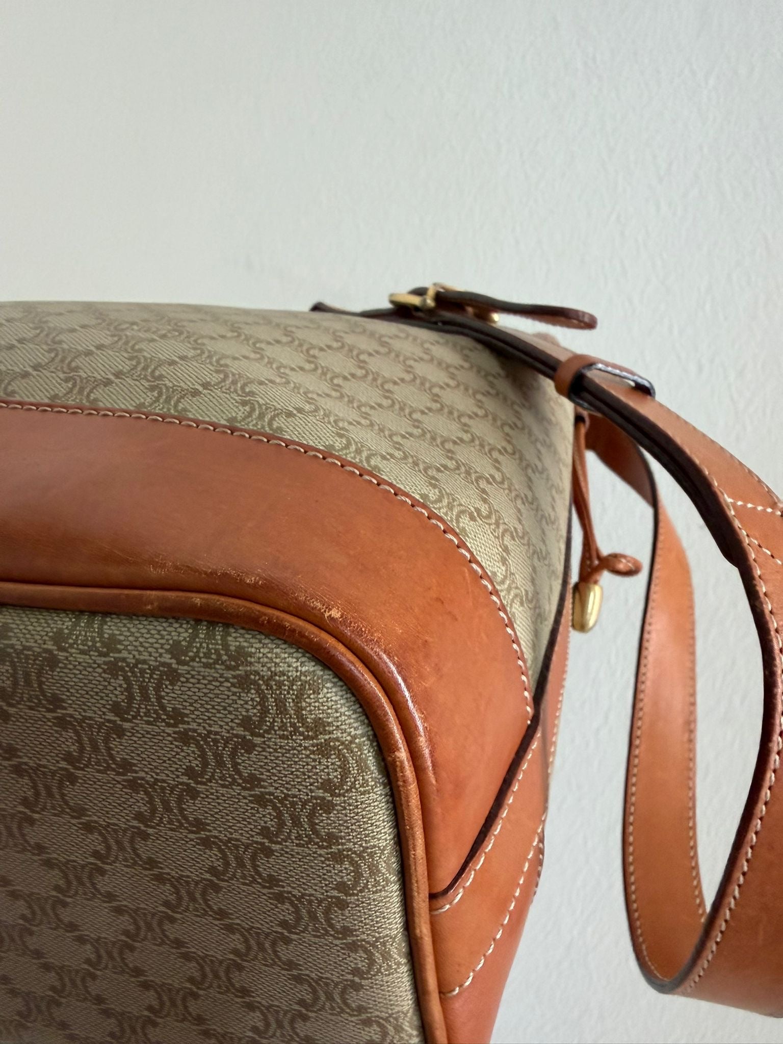 Celine Macadam Drawstring Shoulder Bag - Beige, PVC 