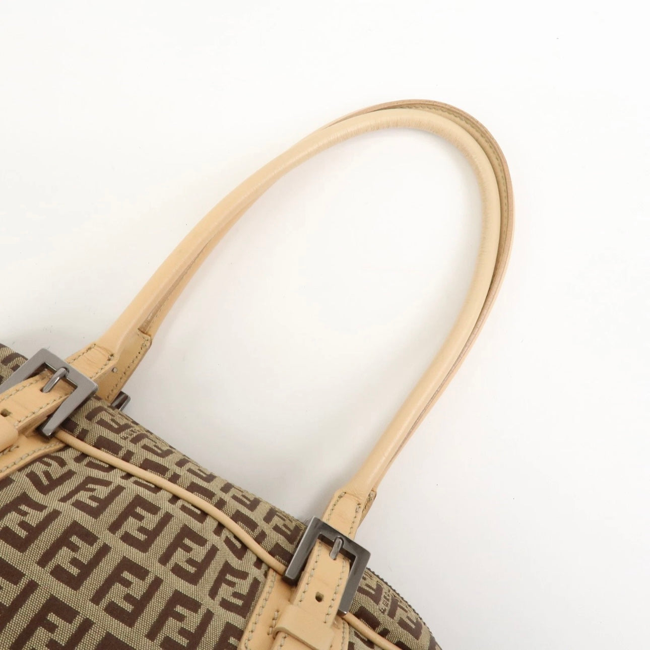 FENDI Zucchino Canvas Leather Shoulder Bag Beige