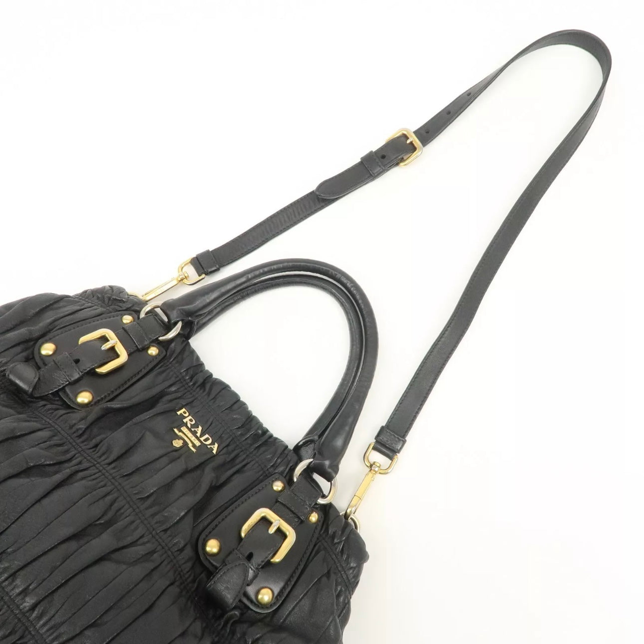 PRADA Leather Gathered 2Way Shoulder Bag Black