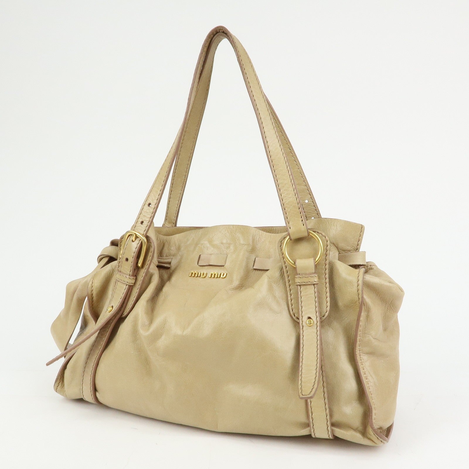 Miu Miu Logo Side Ribbon Shoulder Bag - Beige, Leather 