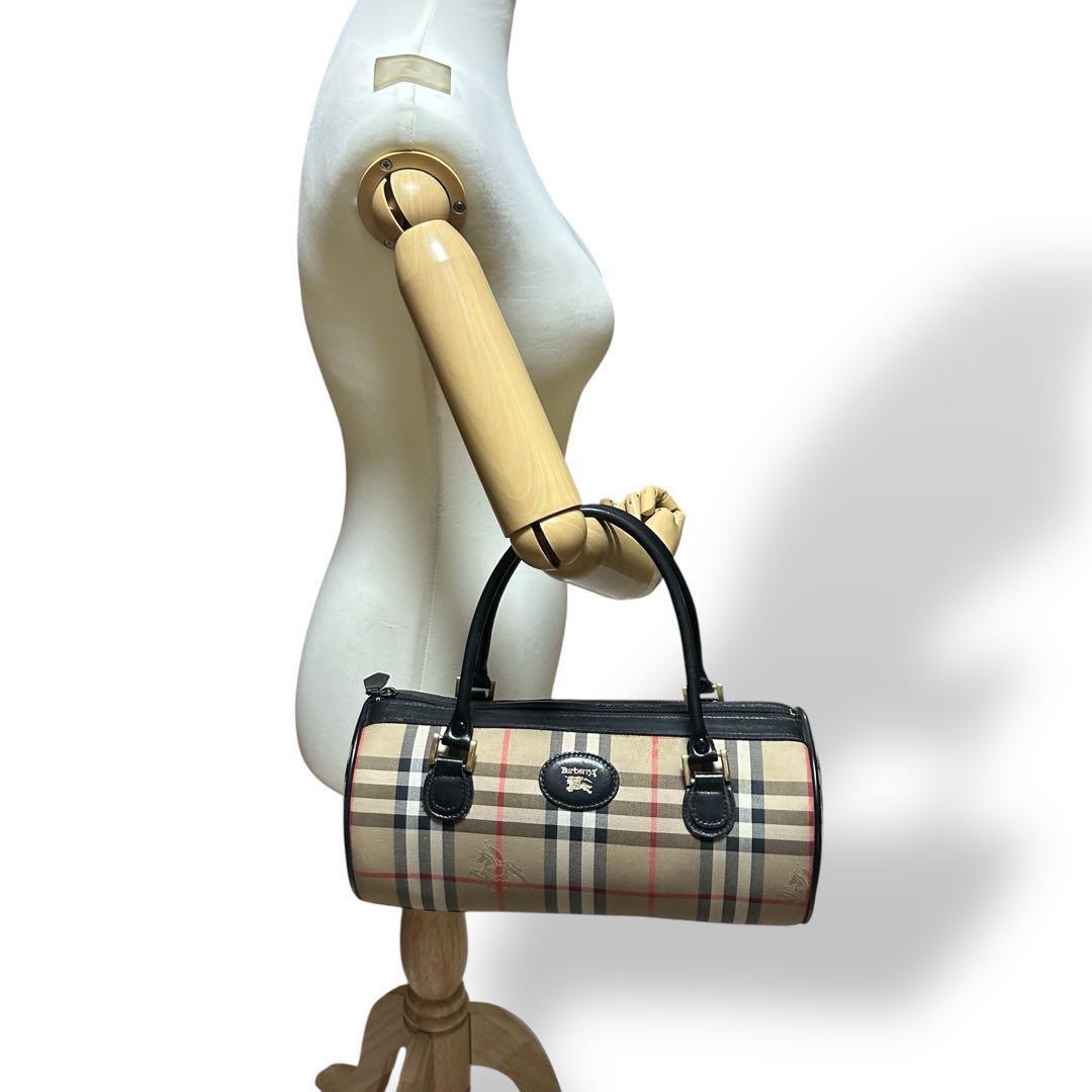 Burberry Nova Check Cylindrical Hand Bag - Black x Beige, Canvas and Leather