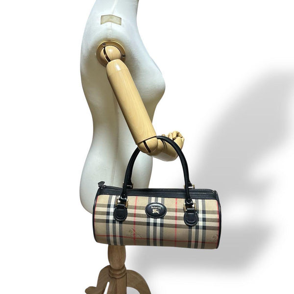 Burberry Nova Check Cylindrical Hand Bag - Black x Beige, Canvas and Leather