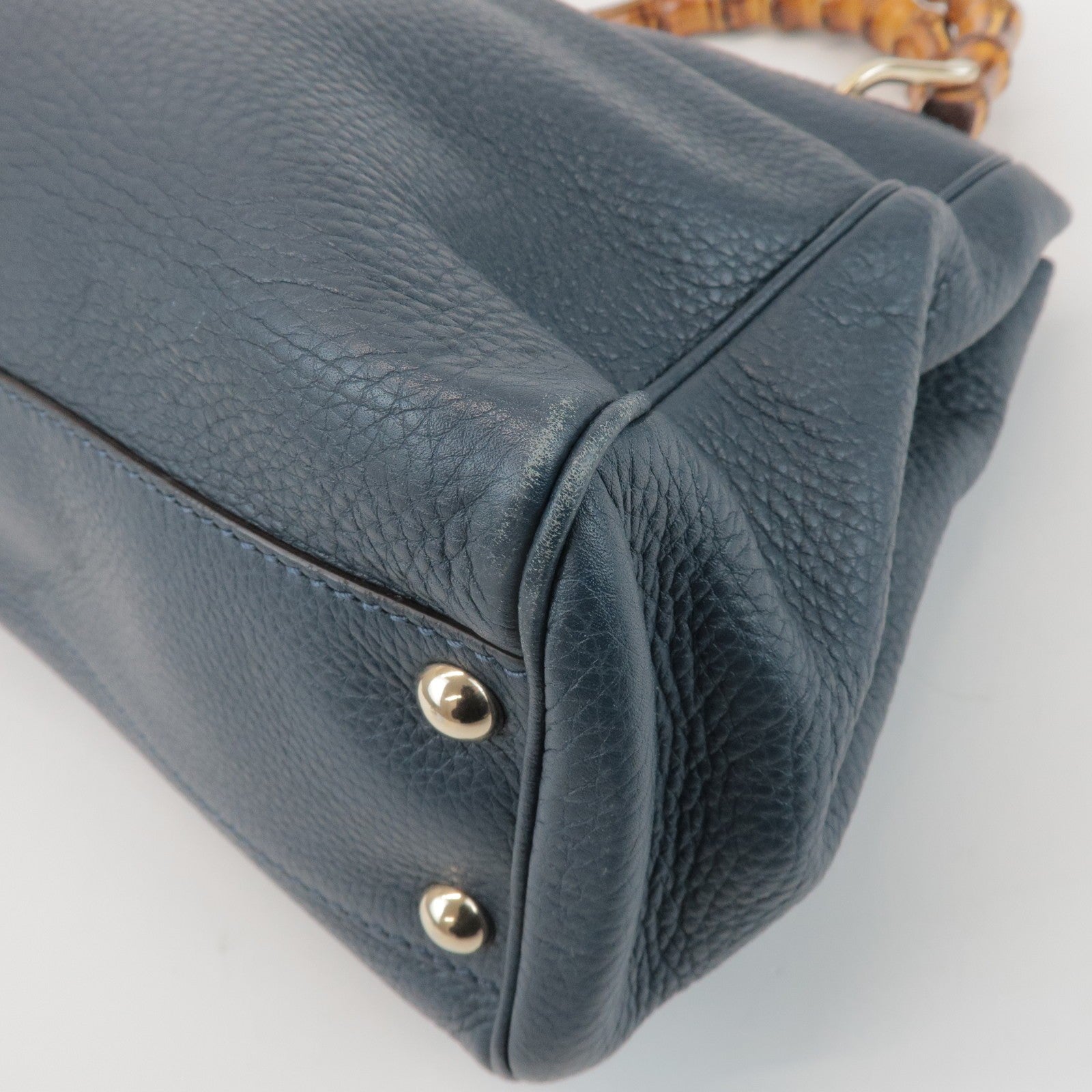GUCCI Bamboo Calf Leather 2 Way Bag Tote Bag Navy