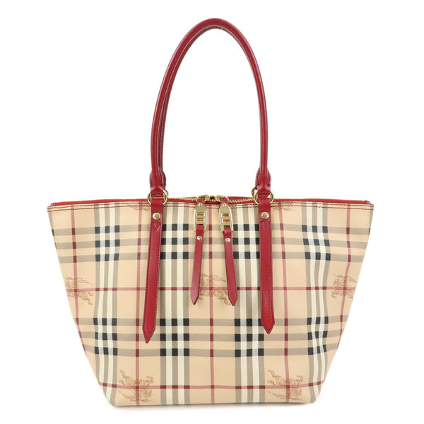 Burberry Nova Plaid Tote Bag - Beige, Red, PVC Leather