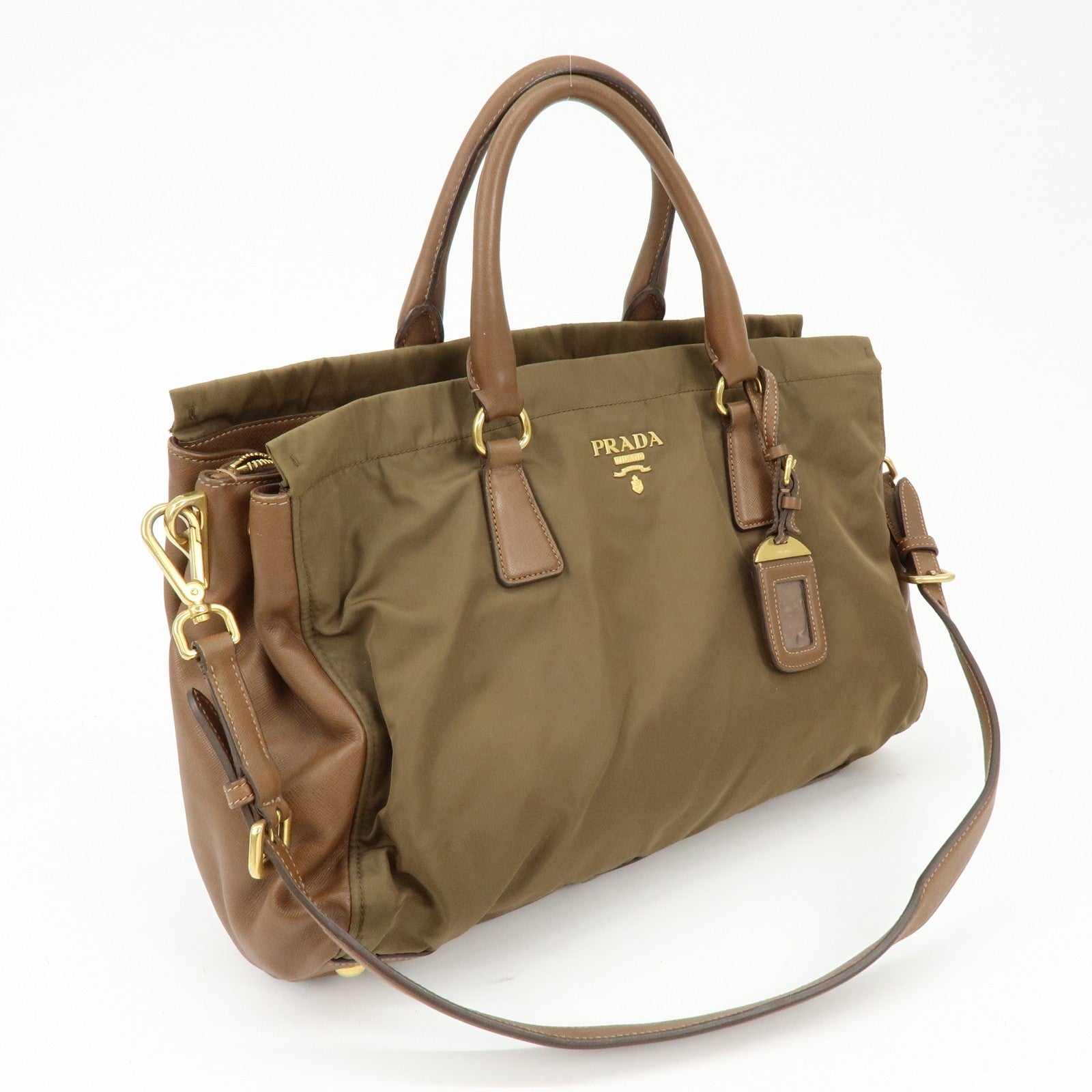Prada Triangle Logo 2Way Bag - Khaki Brown, Nylon Saffiano Leather