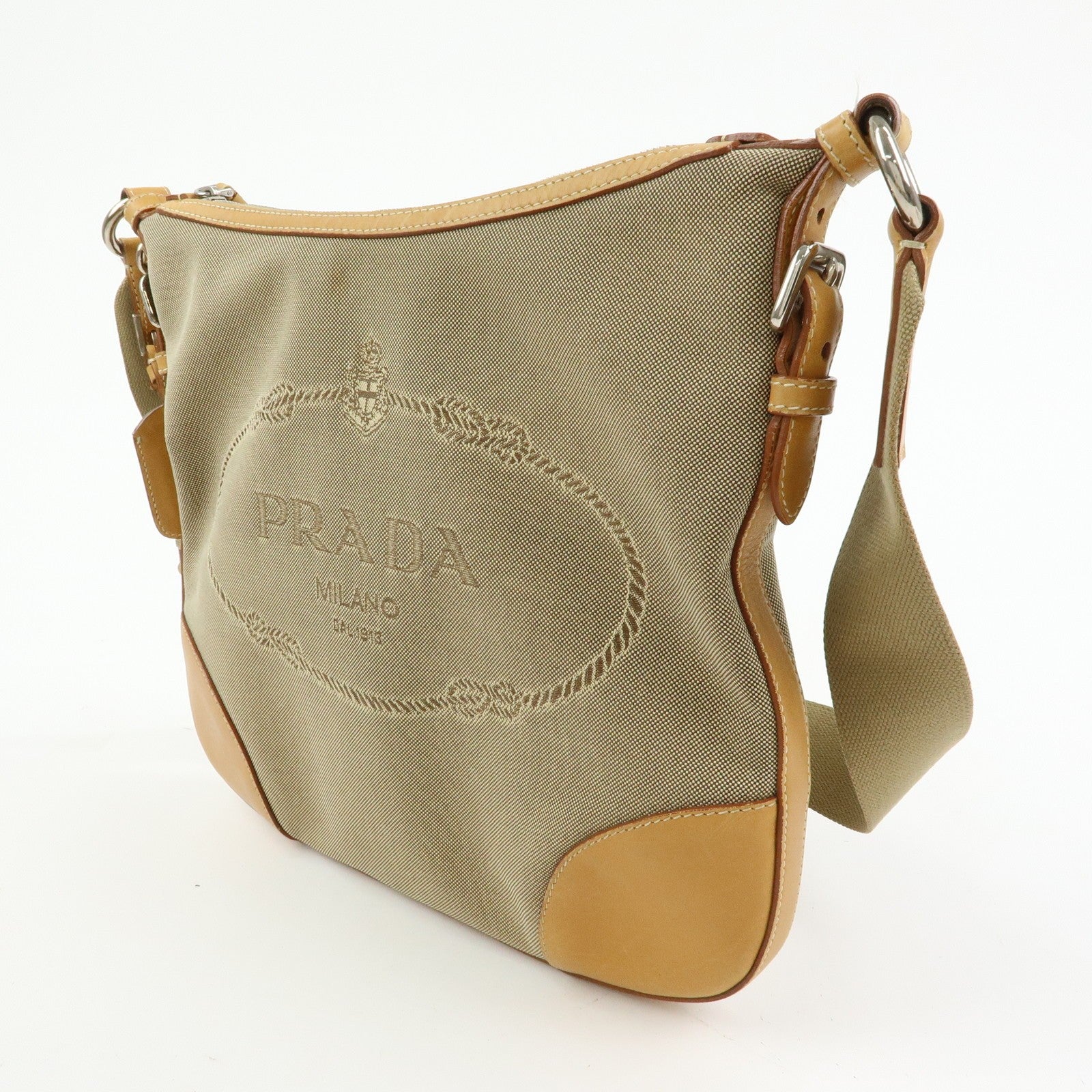 Prada Logo Jacquard Shoulder Bag - Camel, Leather