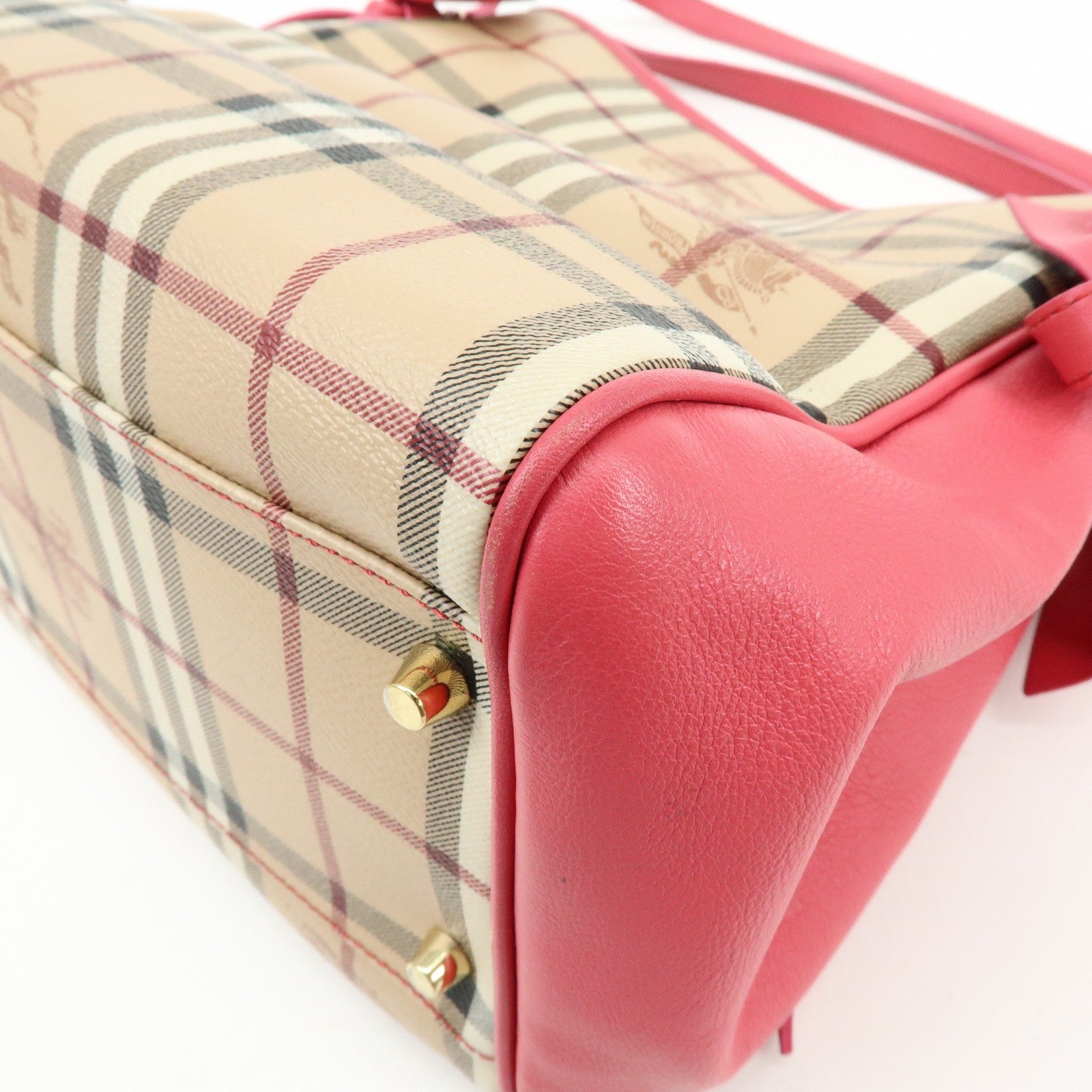 Burberry Side Ribbon Hand Bag - Nova Plaid Brown Pink, PVC Coating Canvas, Leather