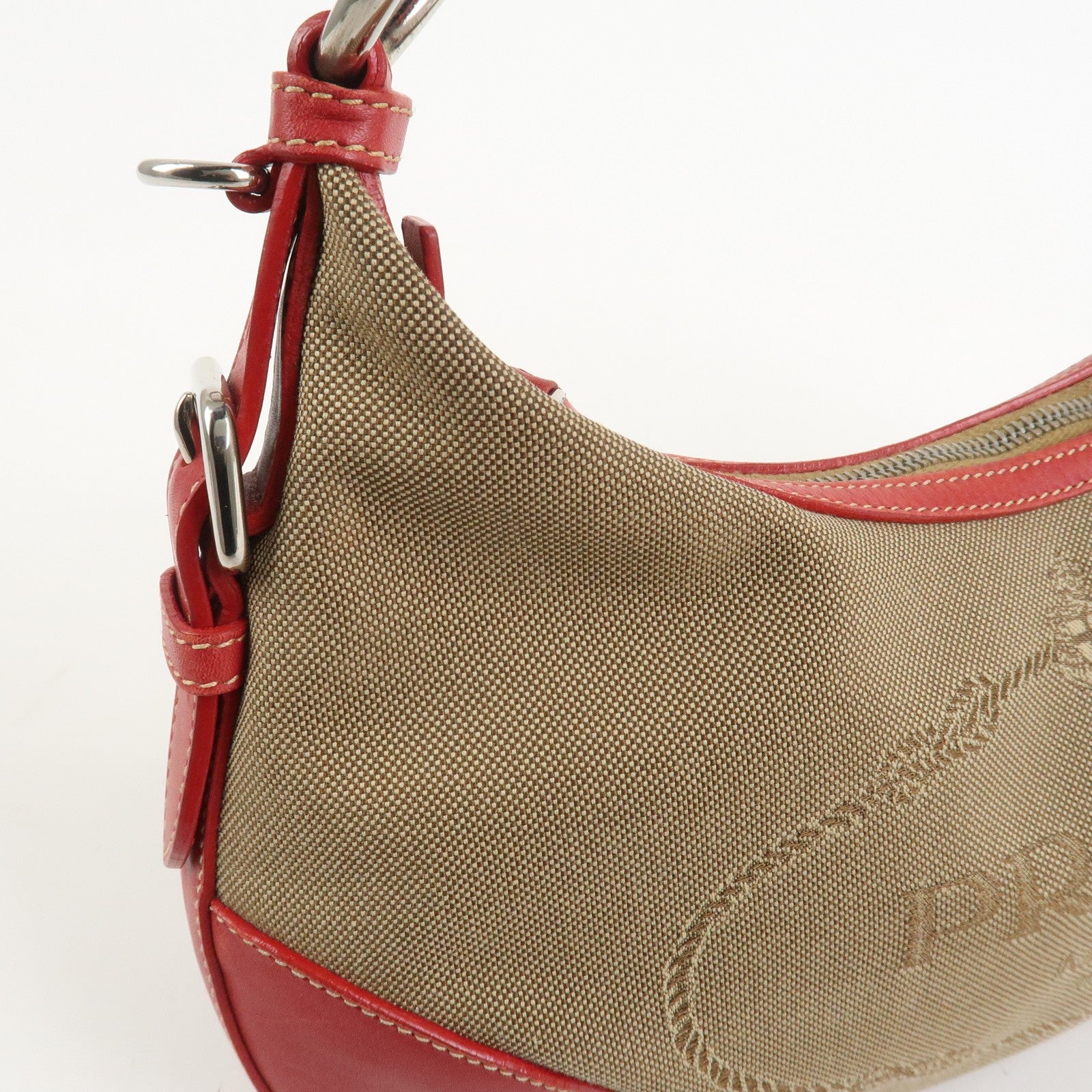 Prada Shoulder Bag - Light Brown, Red, Logo Jacquard, Leather