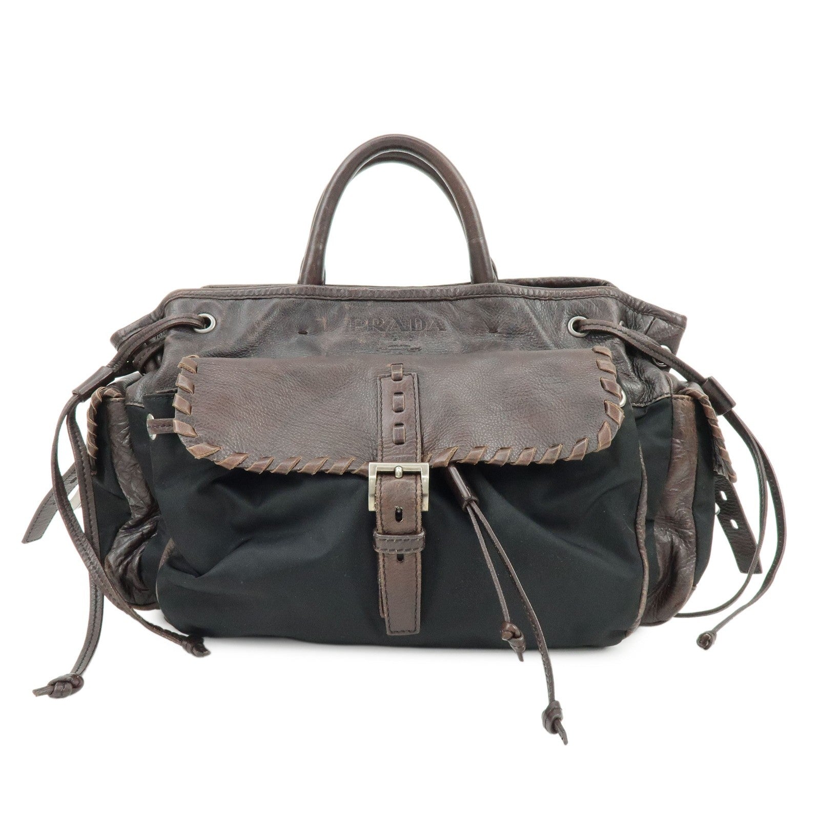 Prada Hand Bag Tote Bag - Brown, Black, Leather, Nylon