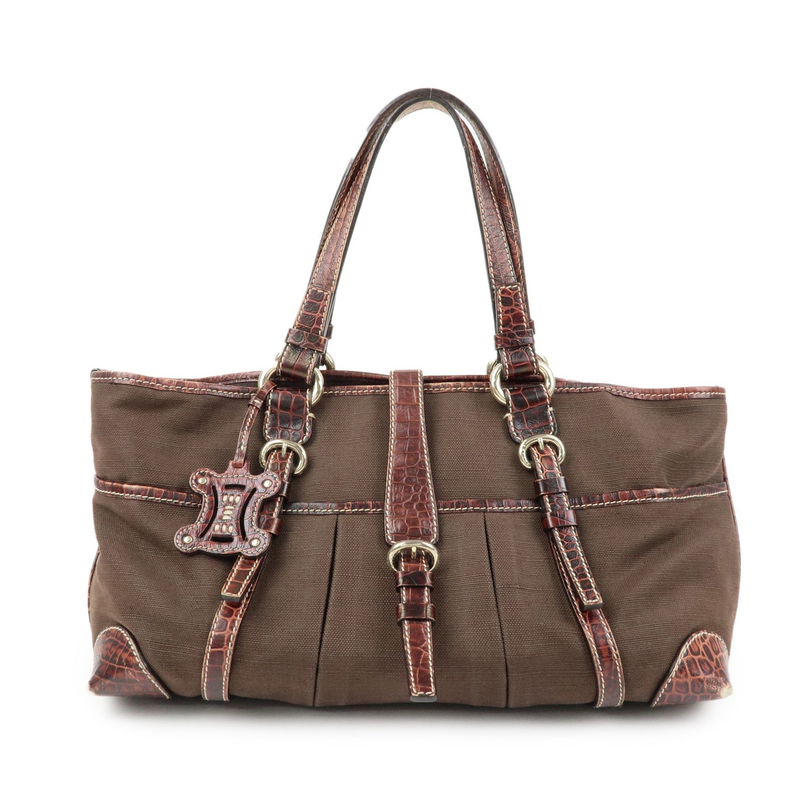Celine Logo Canvas Tote Bag - Brown, Embossed Leather