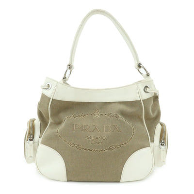 Prada Triangle Logo Shoulder Bag - Beige Ivory, Nylon Jacquard Leather