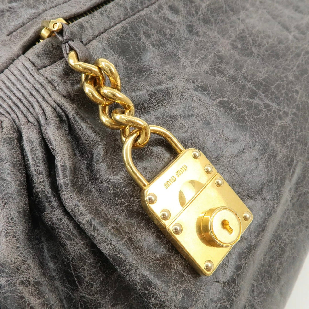 MIU MIU Leather Shoulder Bag Gray Gold Hardware