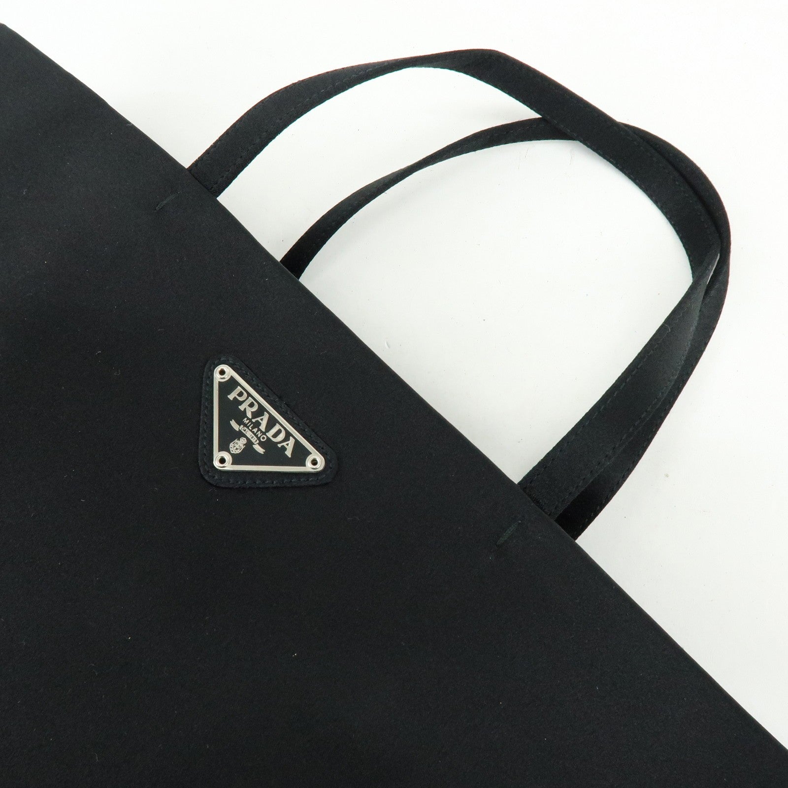 Prada Triangle Logo Tote Hand Bag - Black, Satin