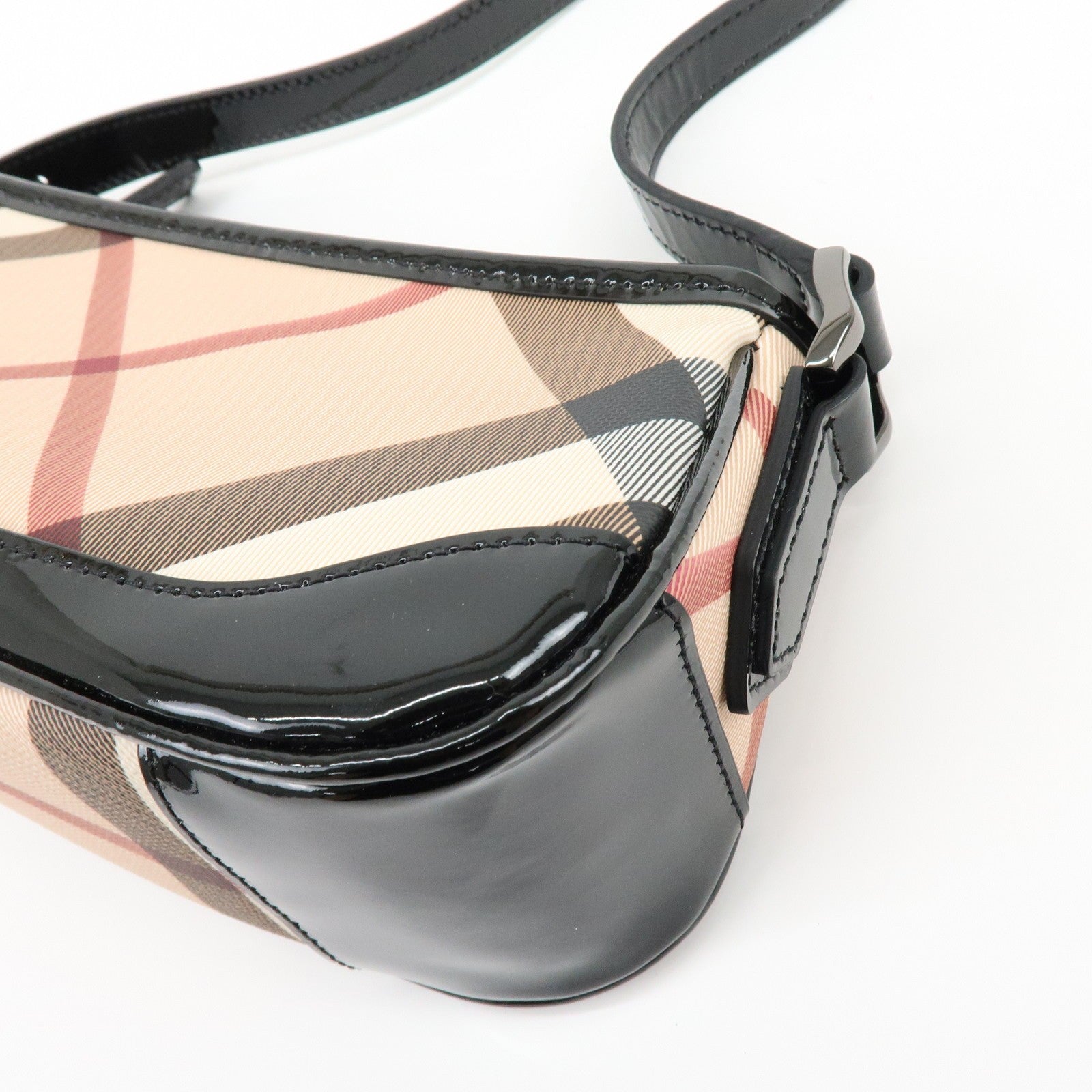Burberry Nova Plaid Hand Bag - Beige, Black, PVC, Patent Leather