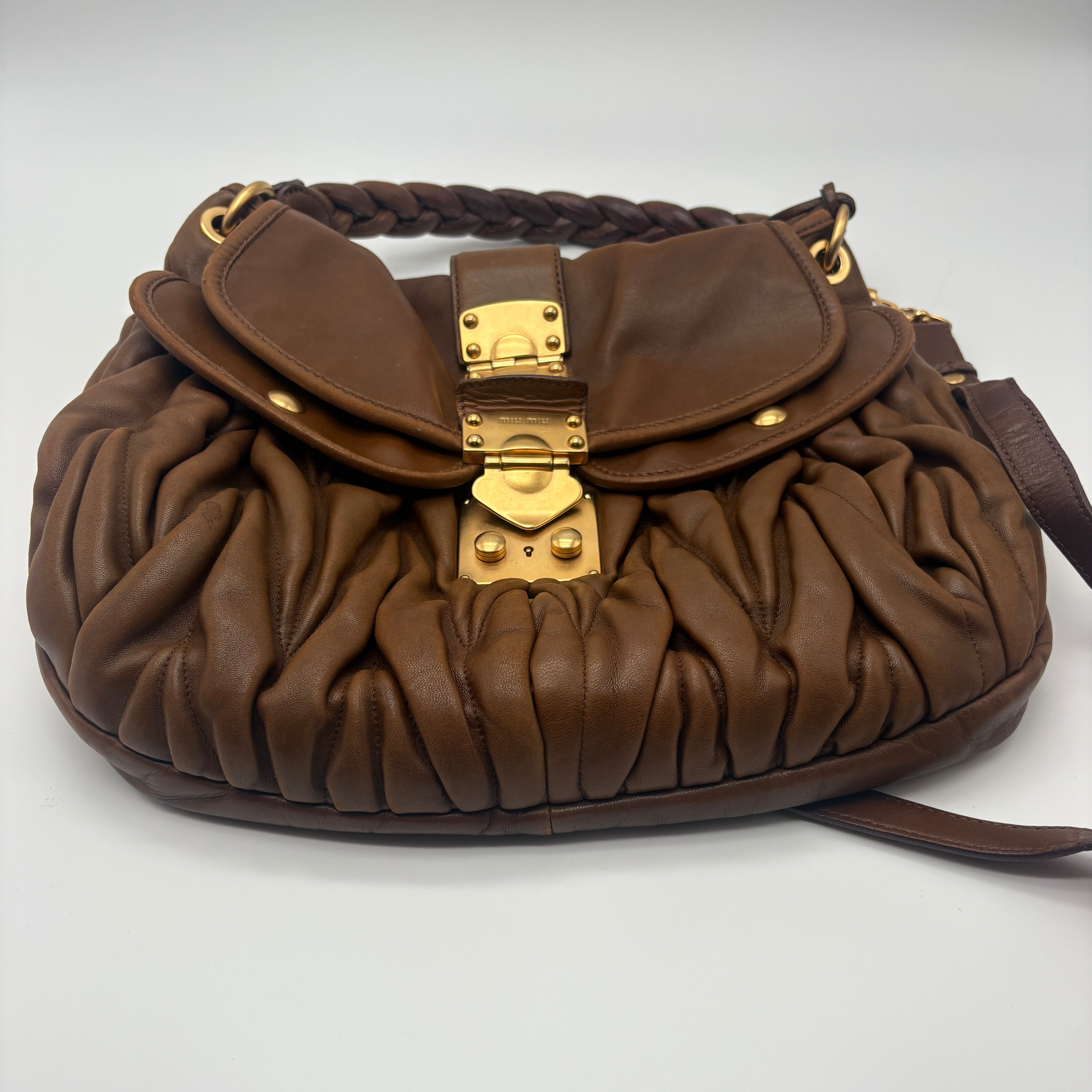 Miu Miu GHW 2 Way Shoulder Bag Leather Brown
