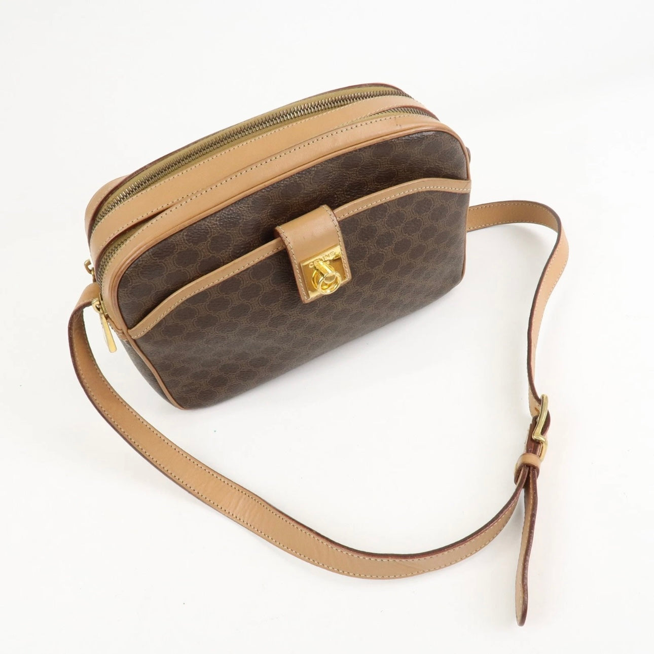 CELINE Macadam Leather Shoulder Bag Beige Brown Gold
