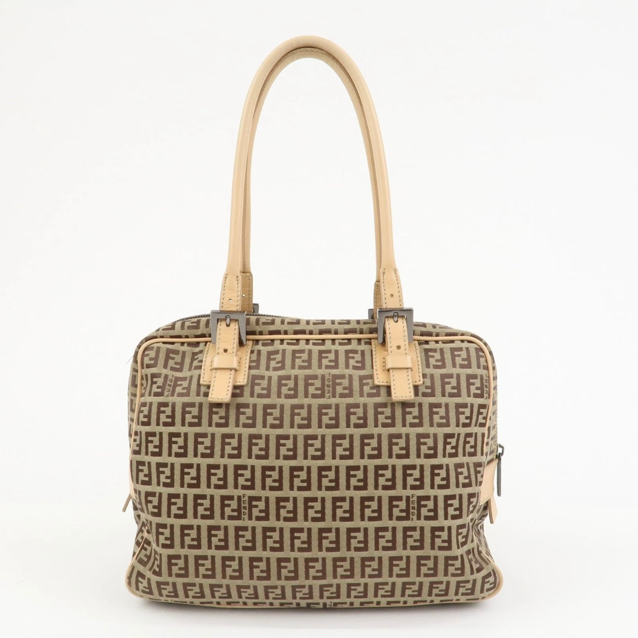 FENDI Zucchino Canvas Leather Shoulder Bag Beige