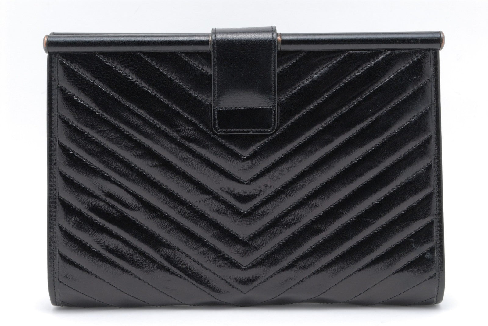 Yves Saint Laurent YSL Chevron Clutch - Black, Patent Leather