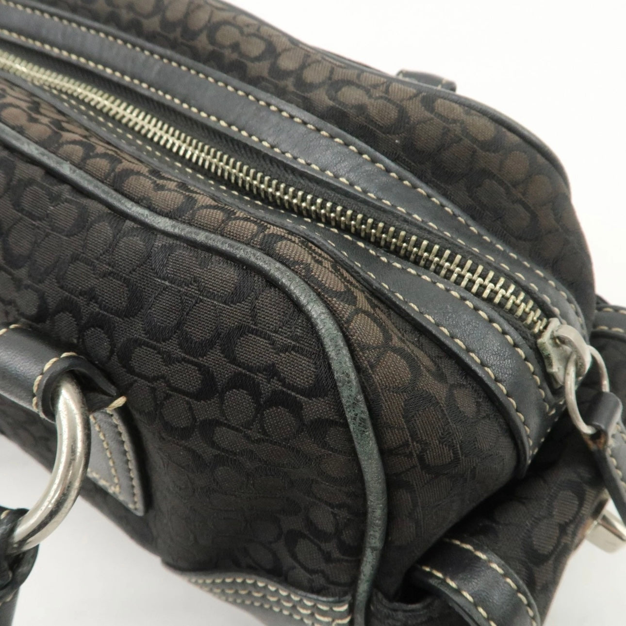 COACH Leather Canvas Hand Bag Brown Silver
