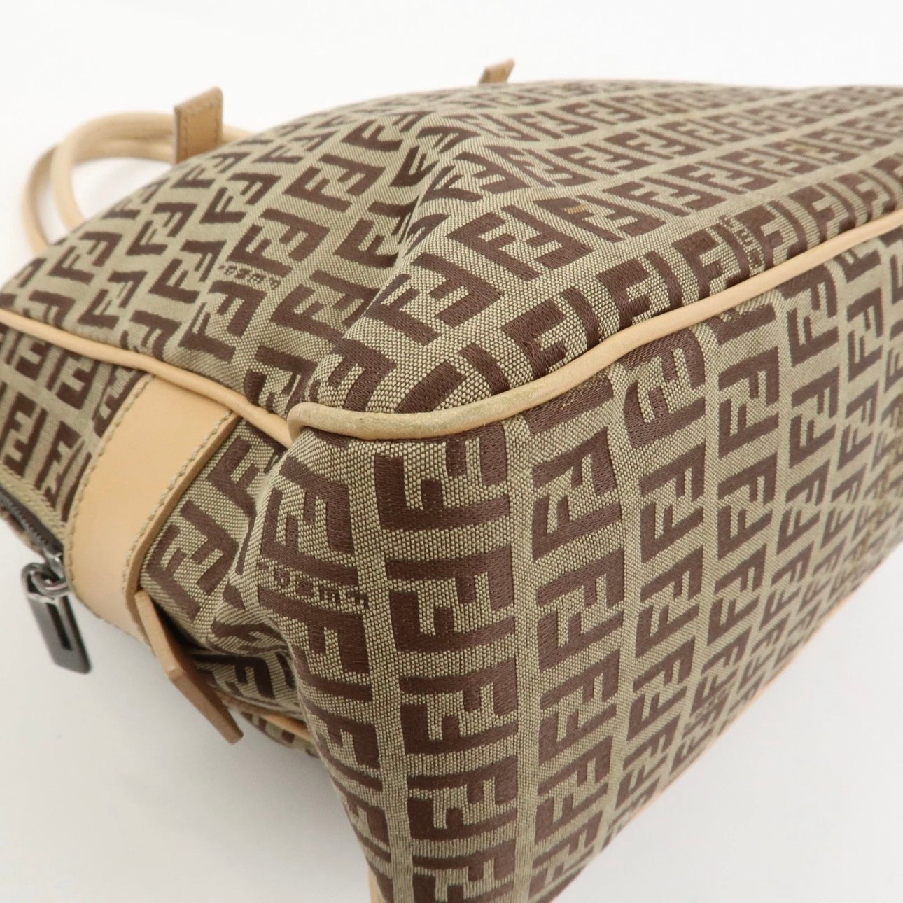 FENDI Zucchino Canvas Leather Shoulder Bag Beige