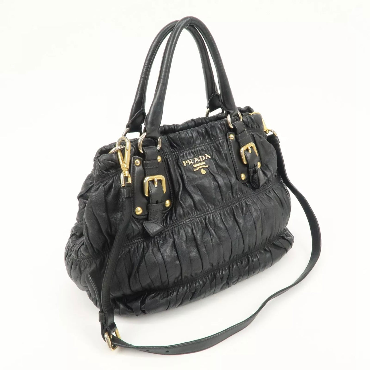 PRADA Leather Gathered 2Way Shoulder Bag Black
