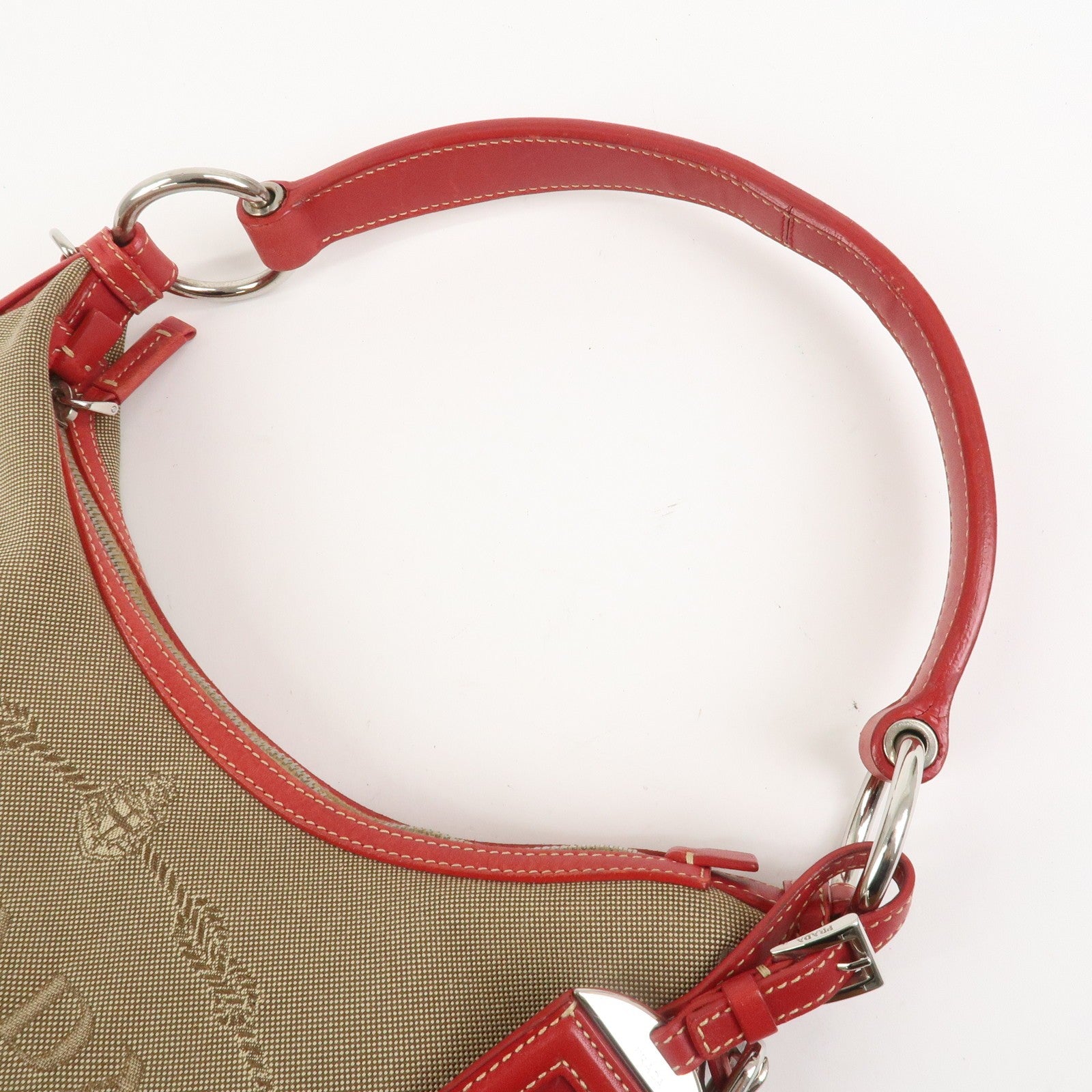 Prada Shoulder Bag - Light Brown, Red, Logo Jacquard, Leather