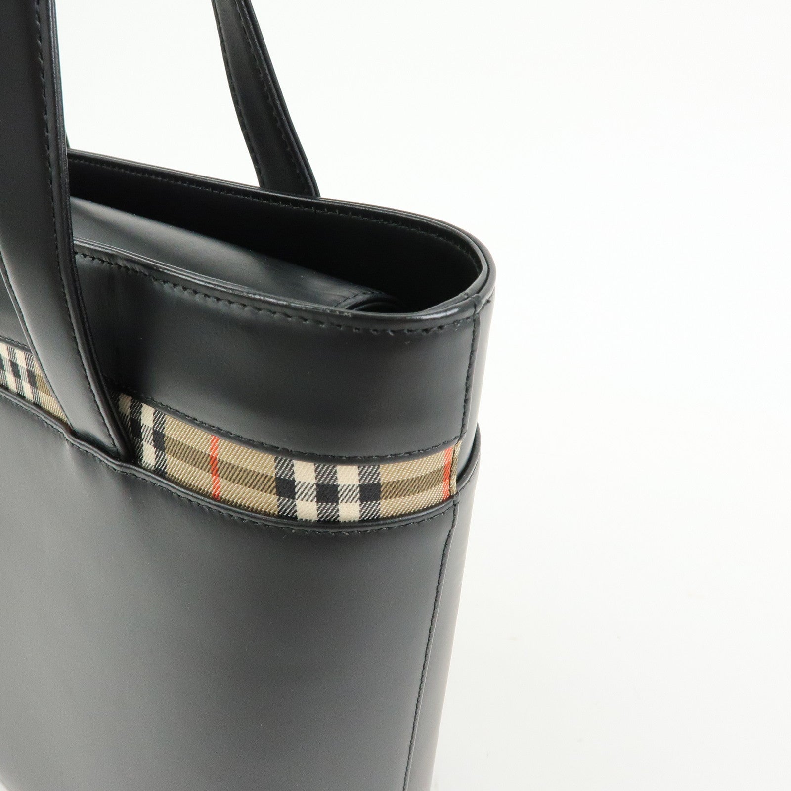 Burberry Nova Plaid Tote Bag - Black, Leather and Canvas