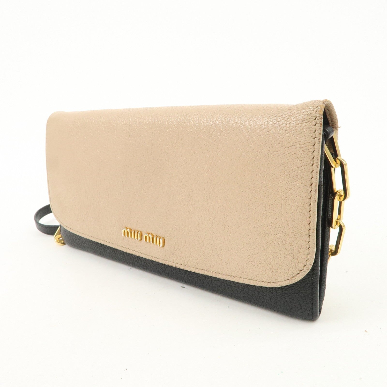 Miu Miu Madras Leather Chain Shoulder Wallet - Beige Black, Leather