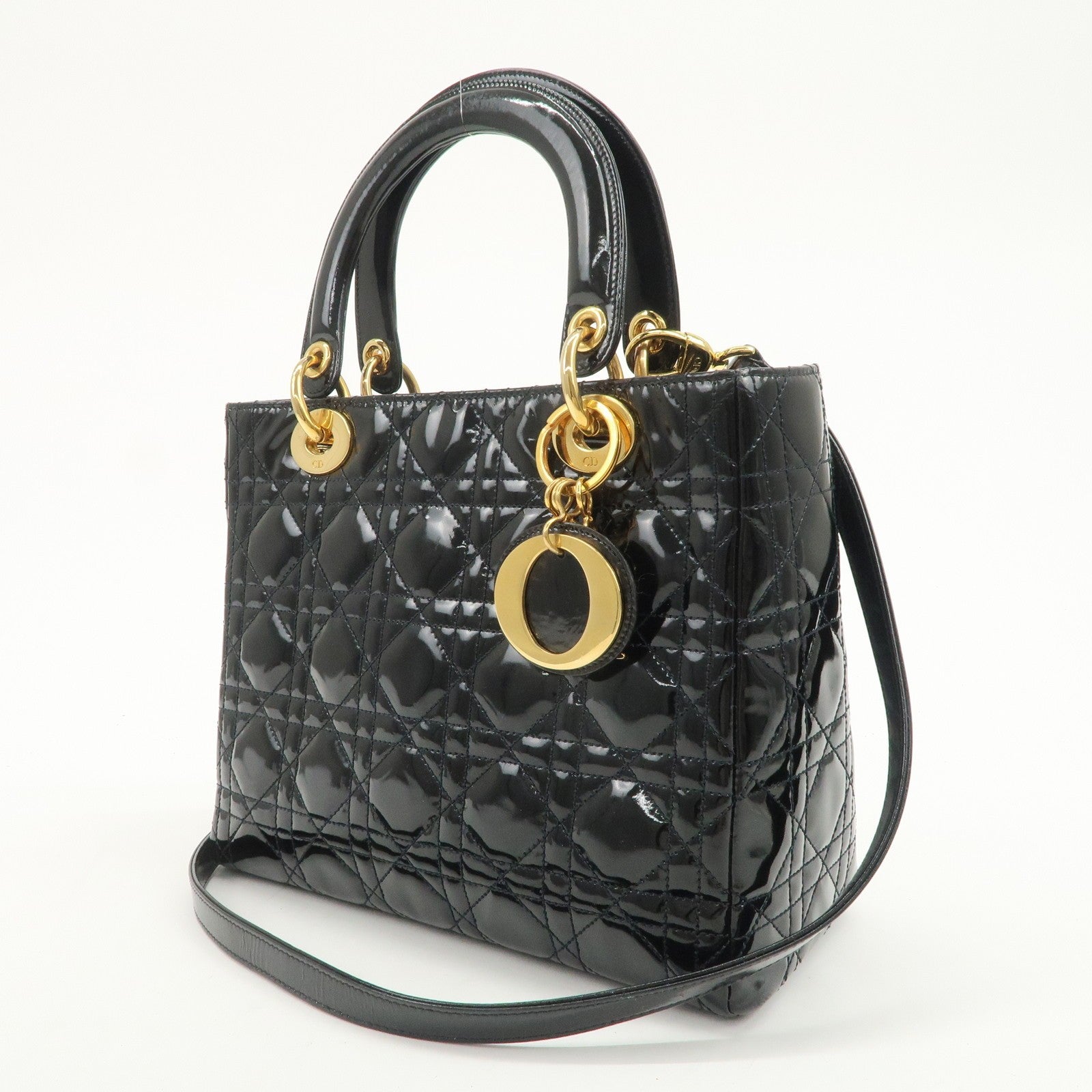 Christian Dior Lady Dior 2Way Hand Bag - Black, Patent Leather