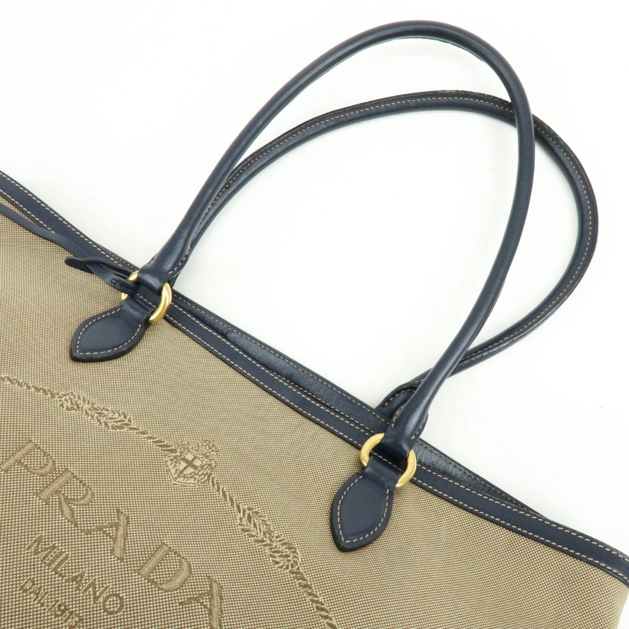 PRADA Logo Jacguard Leather Tote Bag Beige Navy