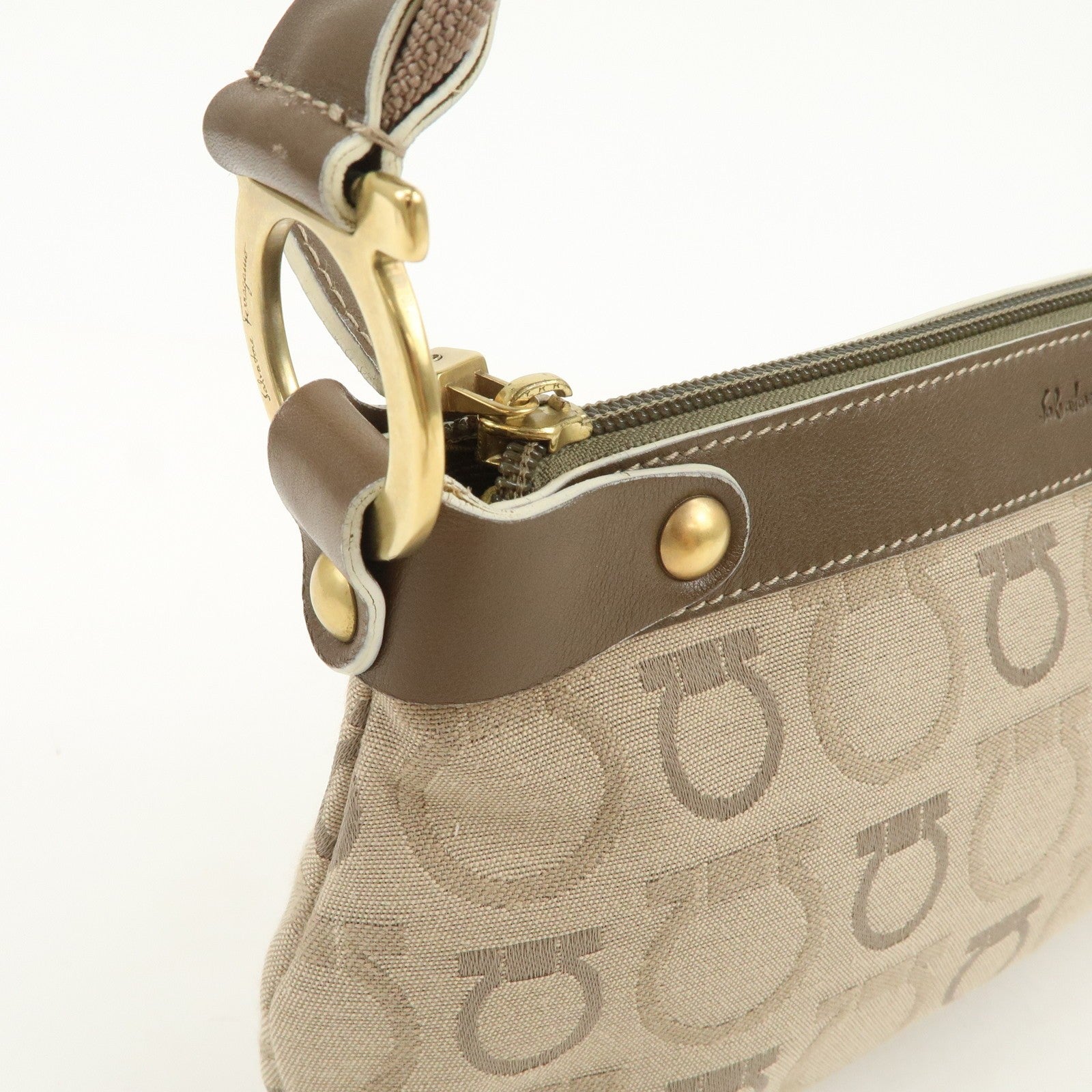 Ferragamo Gancini Shoulder Hand Bag - Beige Brown, Canvas Leather 