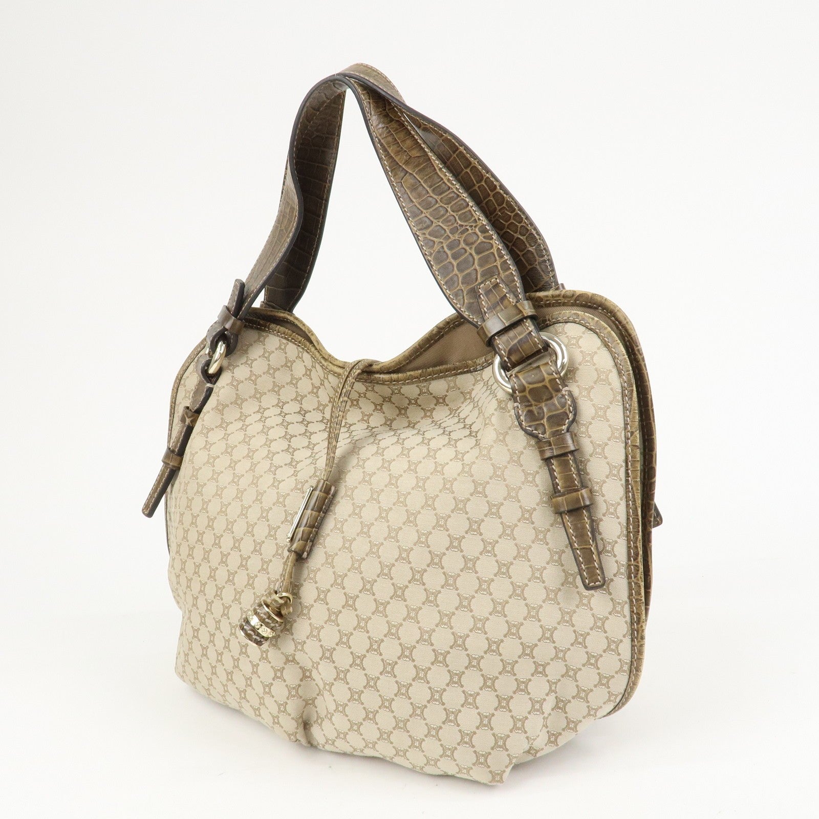 Celine Macadam Logo Shoulder Bag - Beige, Canvas and Embossed Leather 