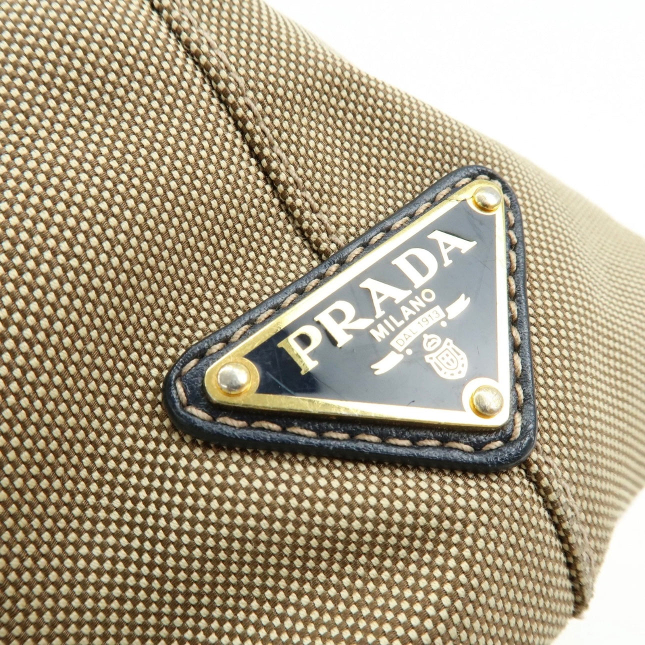 PRADA Logo Jacguard Leather Tote Bag Beige Navy