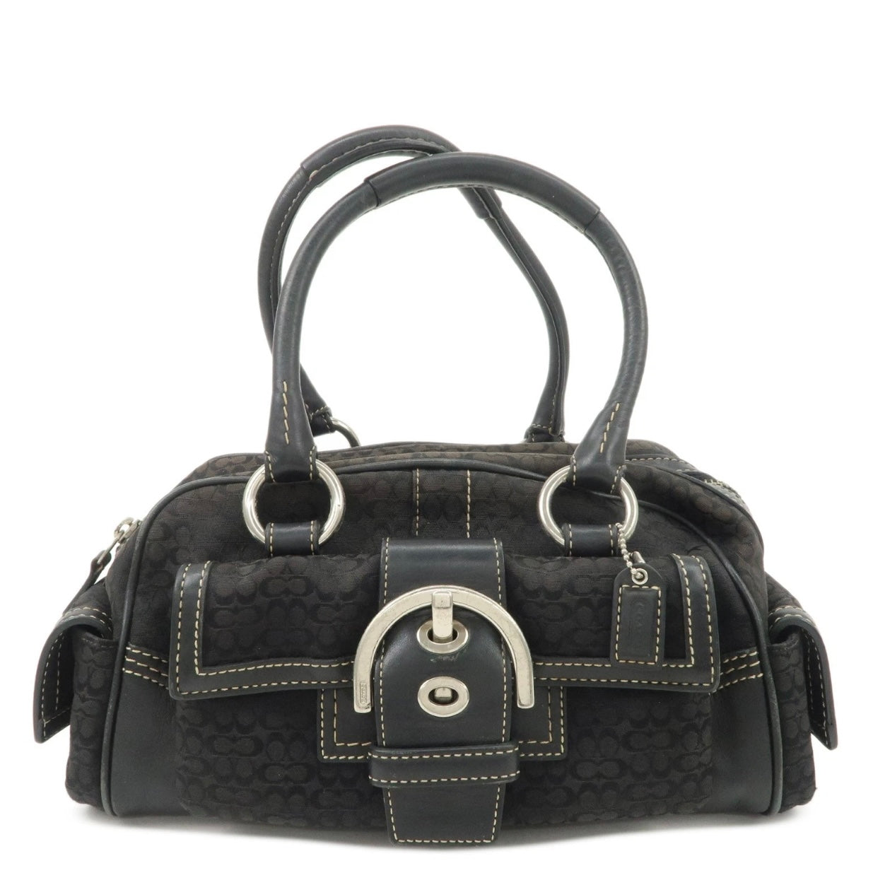 COACH Leather Canvas Hand Bag Brown Silver