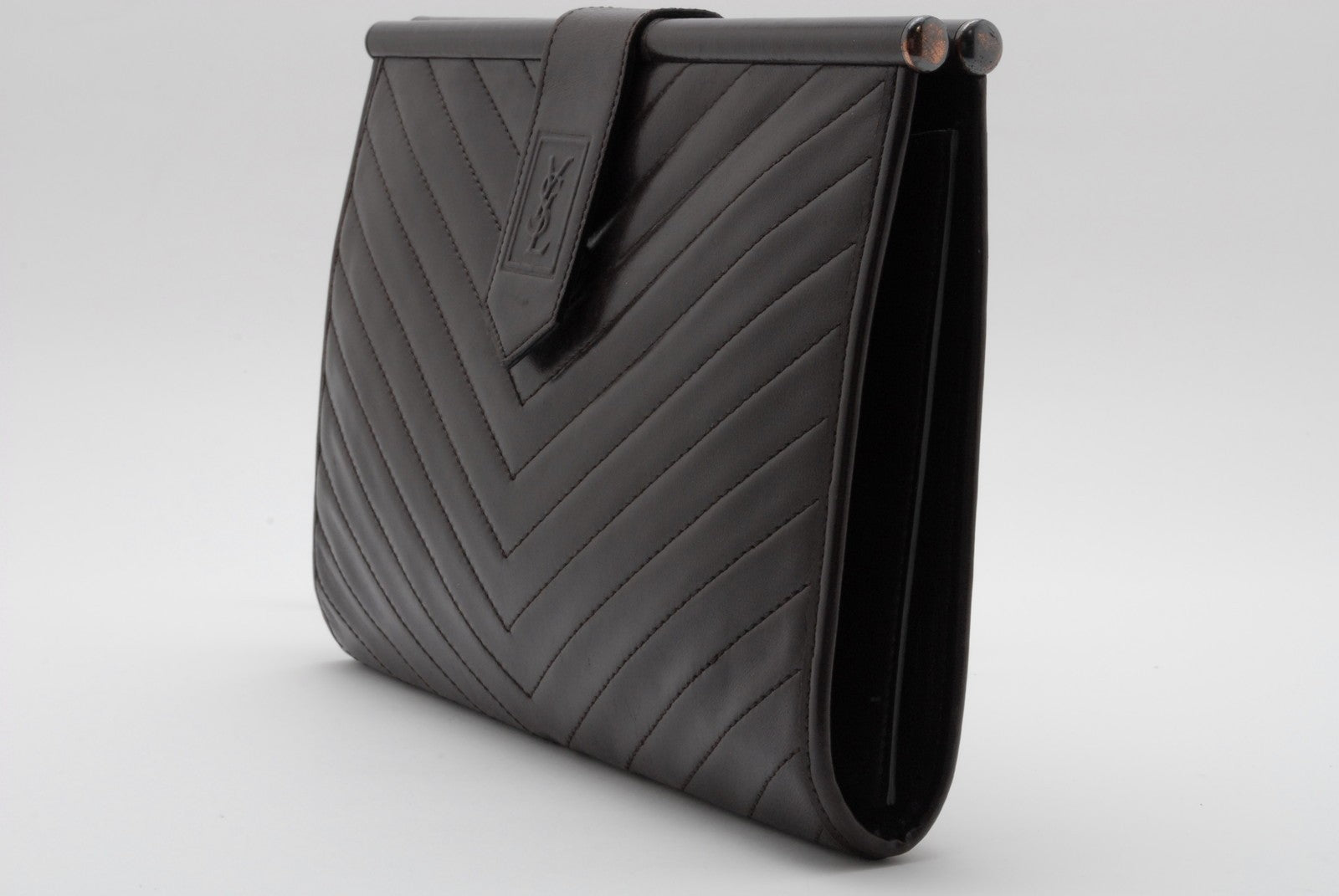 Saint Laurent Chevron Quilted Clutch Bag - Dark Brown, Leather